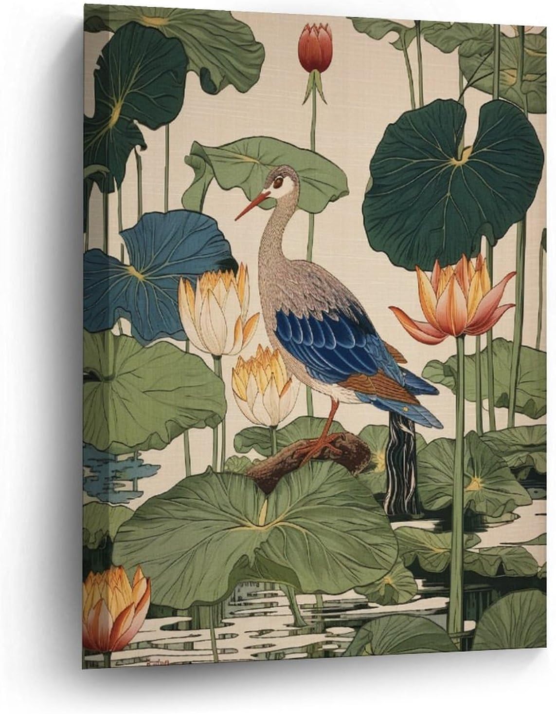 Chinese Pond Bird Canvas Print Pictures Artwork Decoration Chinoiserie Asian Style Canvas Wall Art Ready To Hang For Living Room Bathroom Bedroom Office Housewarming Gift 16x20in