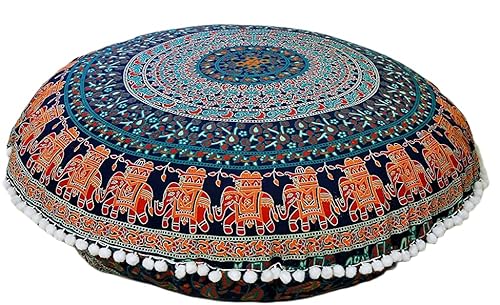 Third Eye Export 32" Blue Mandala Hippie Room Decor Floor Pillow Meditation Cushion Round Pillows Seating Cushions Cover Outdoor Pouf Circle Boho Gypsy Yoga Covers #TOP6