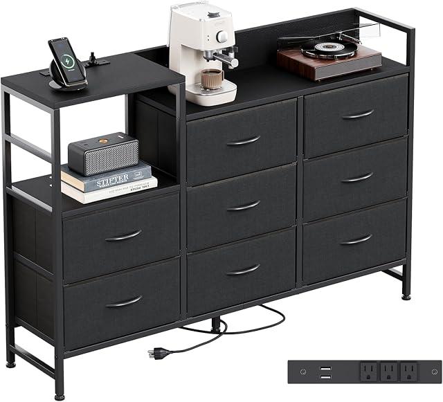 CAIYUN Dresser pour chambre avec 8 Tiroirs de tissus, 52" Grand coffre de tiroirs avec sortie de puissance, TV Stand avec étagère de rangement, Console Table pour entrée Hallway, Organisateur de rangement pour salon, Noir