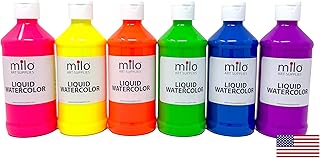 milo Fluorescent Liquid Watercolor Paint Set of 6 Colors | 8 oz Bottles | Neon, Washable, Safe and Non-Toxic | Made in the USA | Glows UV with Black Light | Water Color Arts & Crafts Paints