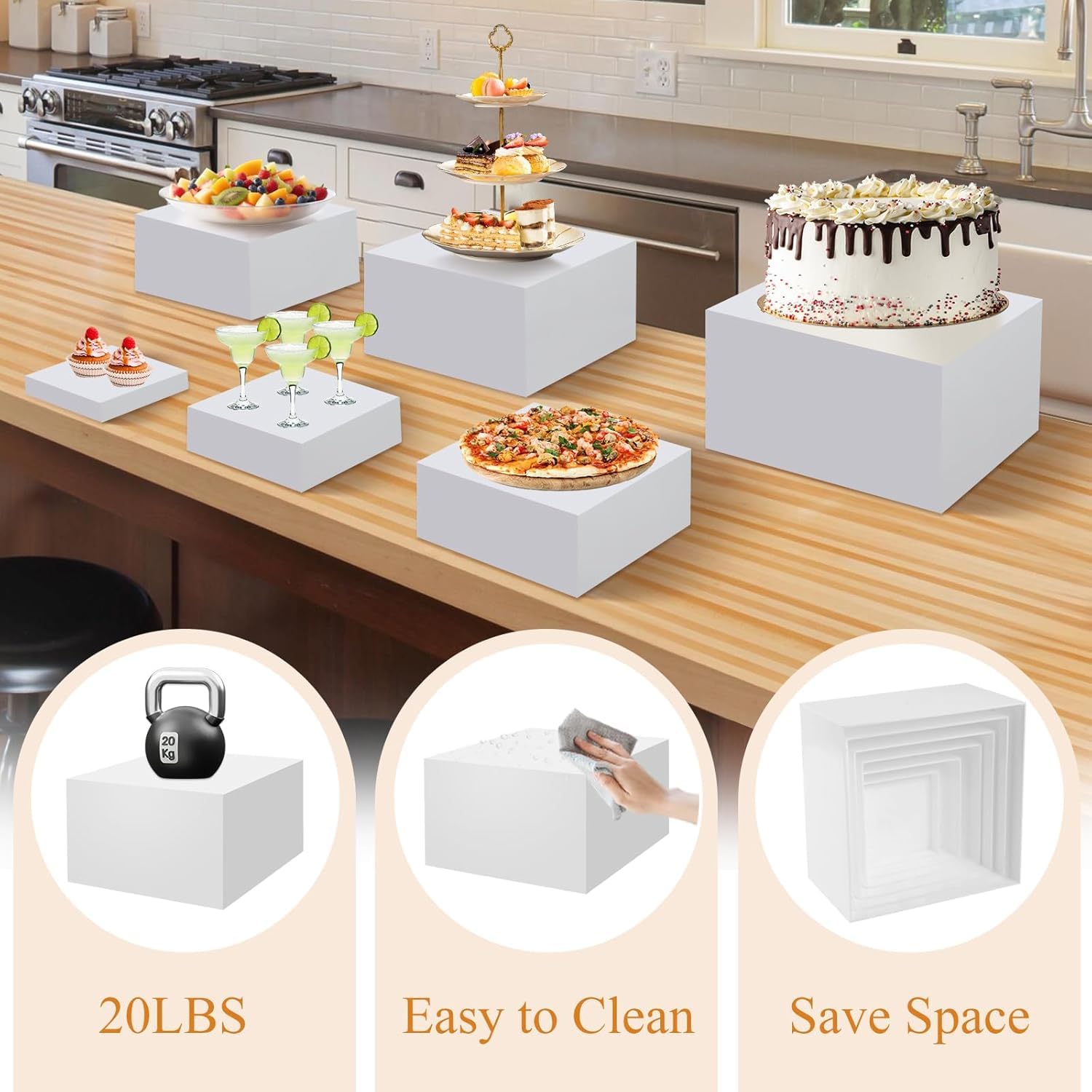6 rialzi per buffet in acrilico, 13 x 15 x 17 x 19 x 20 cm, per tavolo da buffet, catering, dessert, torte, per feste, gioielli da collezione, scatole cubiche impilabili con fondo cavo