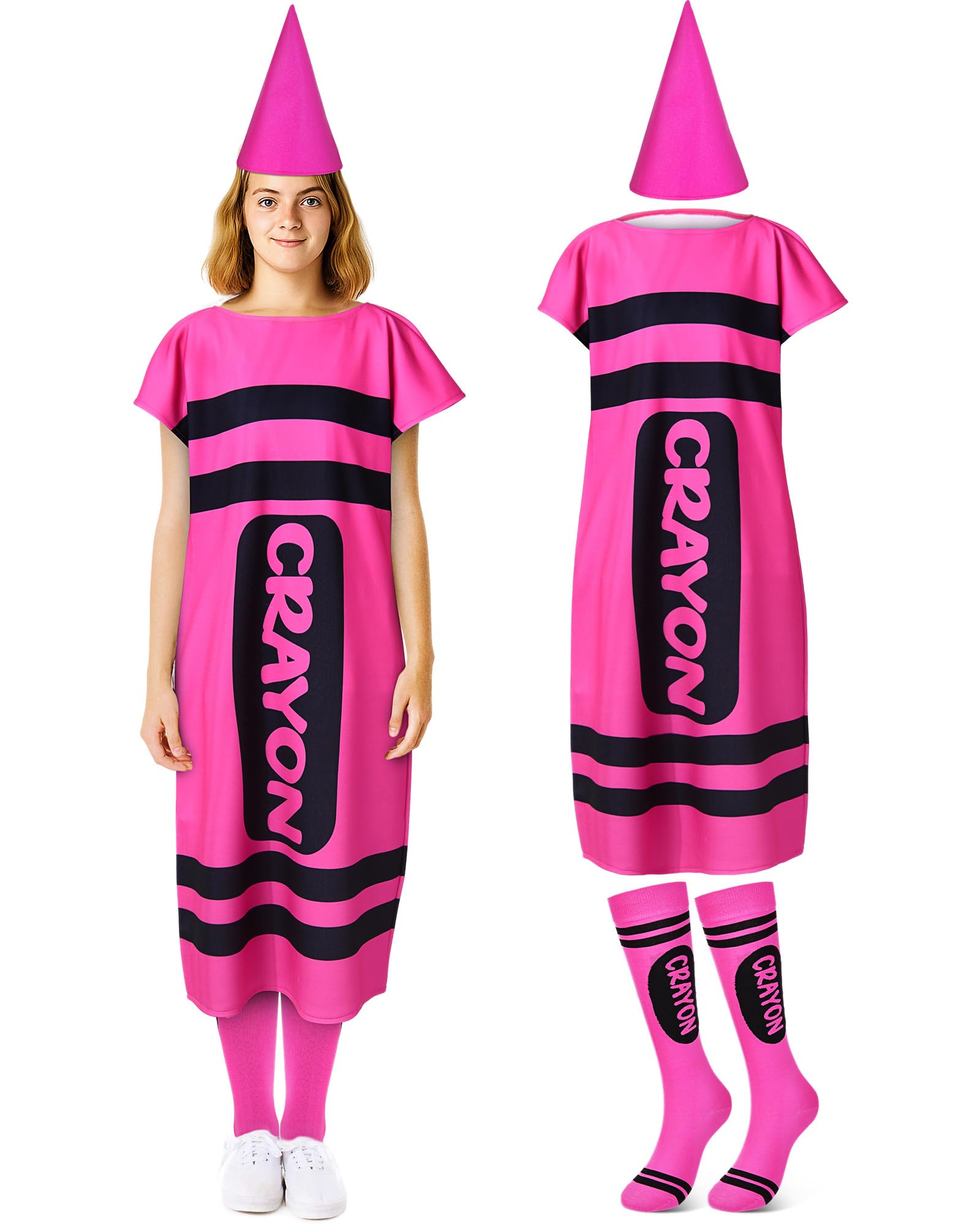 Mepase 4 Pcs Colorful Crayon Costume for Adults, Crayon Fancy Dress Cone Dwarf Cap Stockings for Teacher School Supply, Hot Pink, Medium โ image 1