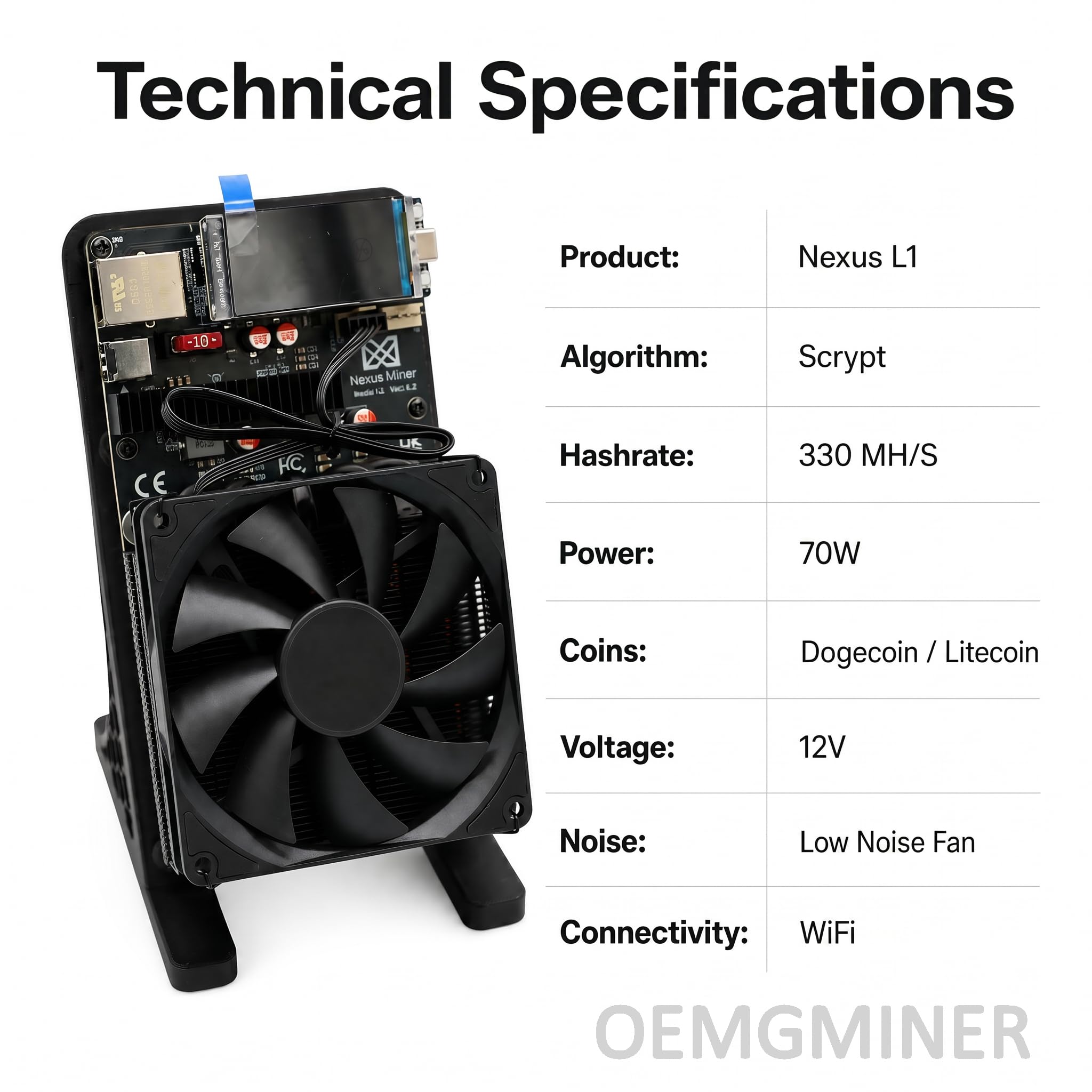 New Nexus L1 ASIC Miner 330 MH/s 70W Niedriger Stromverbrauch, Kompatibel mit Dogecoin & Litecoin, Leiser Lüfter, Integriertes WiFi - Krypto Mining Gerät für Zuhause & Büro