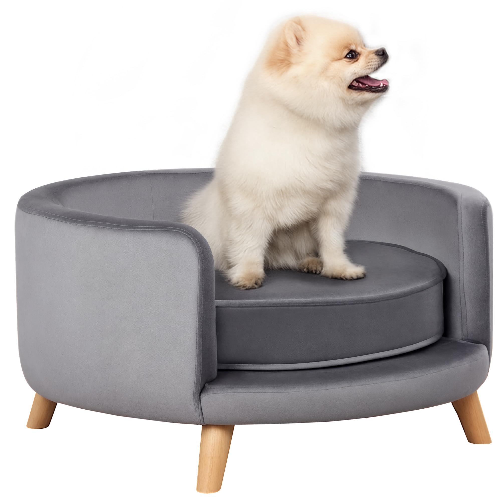 PawHut Hundesofa, Haustiersofa mit Samtoptik, Katzensofa mit Kissen, Hundebett, Hundecouch mit Erhöhtem Design, Hundesessel mit Holzbeine, Grau, 68 x 68 x 35 cm