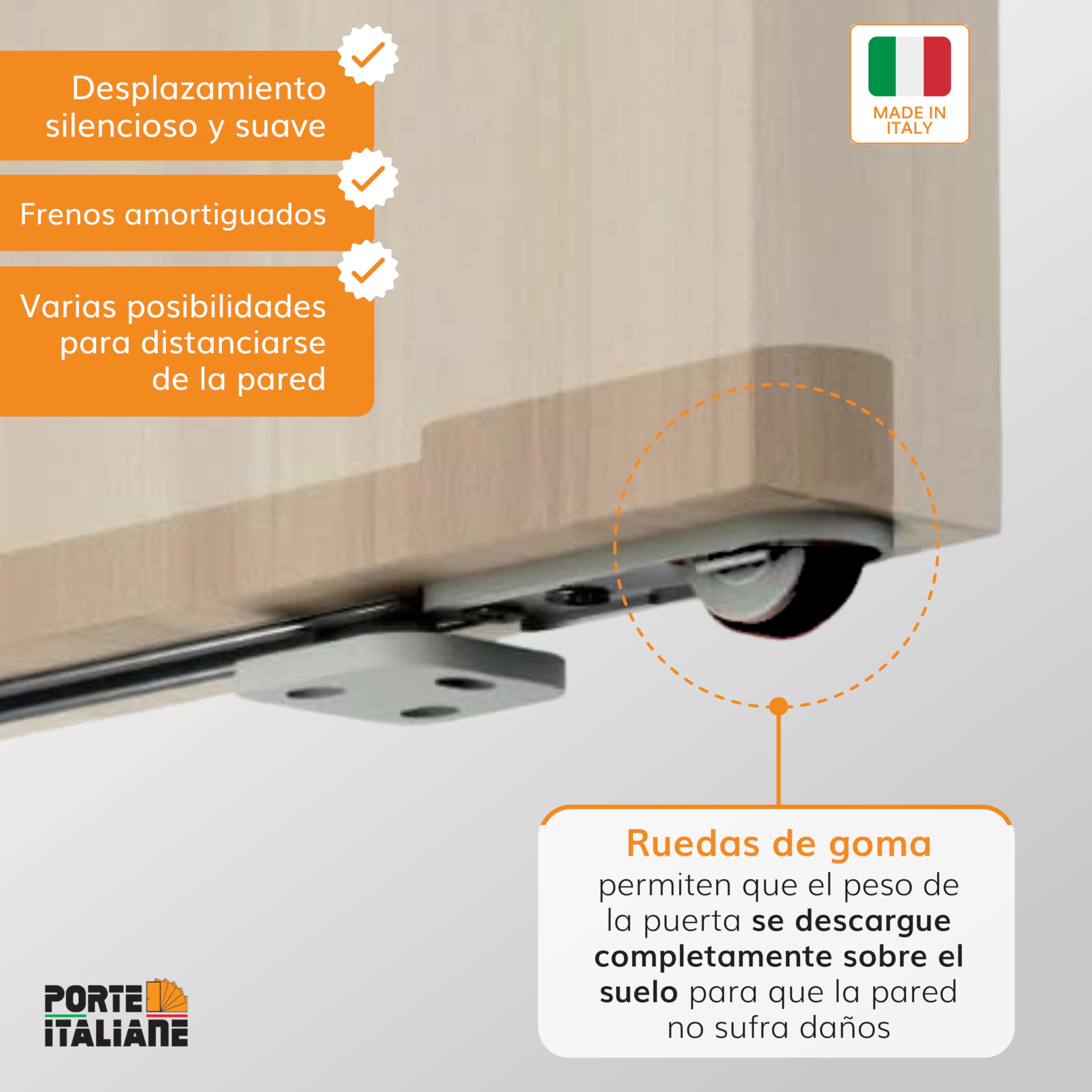 Porte Italiane, Riel Puerta Corredera Invisible MAGICAL 1200 Carga 80 kg, para Puerta Corredera Exterior de Pared en Madera Ancho de 80 cm a 120 cm, Kit con Mecanismo, Accesorios y Guía