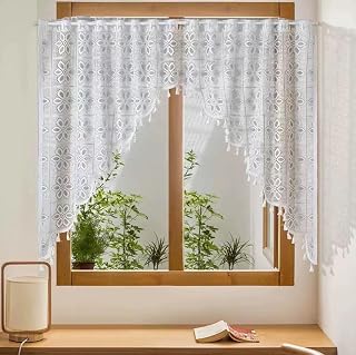 GET ENAI Boho Crochet Swag Curtain Valances with Tassels for Kitchen Windows, Rustic Floral Lace Semi Sheer Window Toppers Macrame Window Treatments for Living Room, Bathroom,Half Window, White