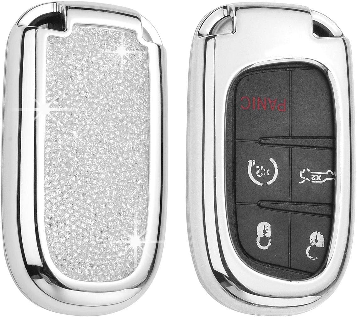 Royalfox 3D Bling Shiny Rhinstone Girly 3/4/5 Buttons Key fob case Cover Skin for Jeep Grand Cherokee Renegade,Fiat,Dodge Charger Challenger Dart Journey Durango,Chrysler 200 300 (Silver)