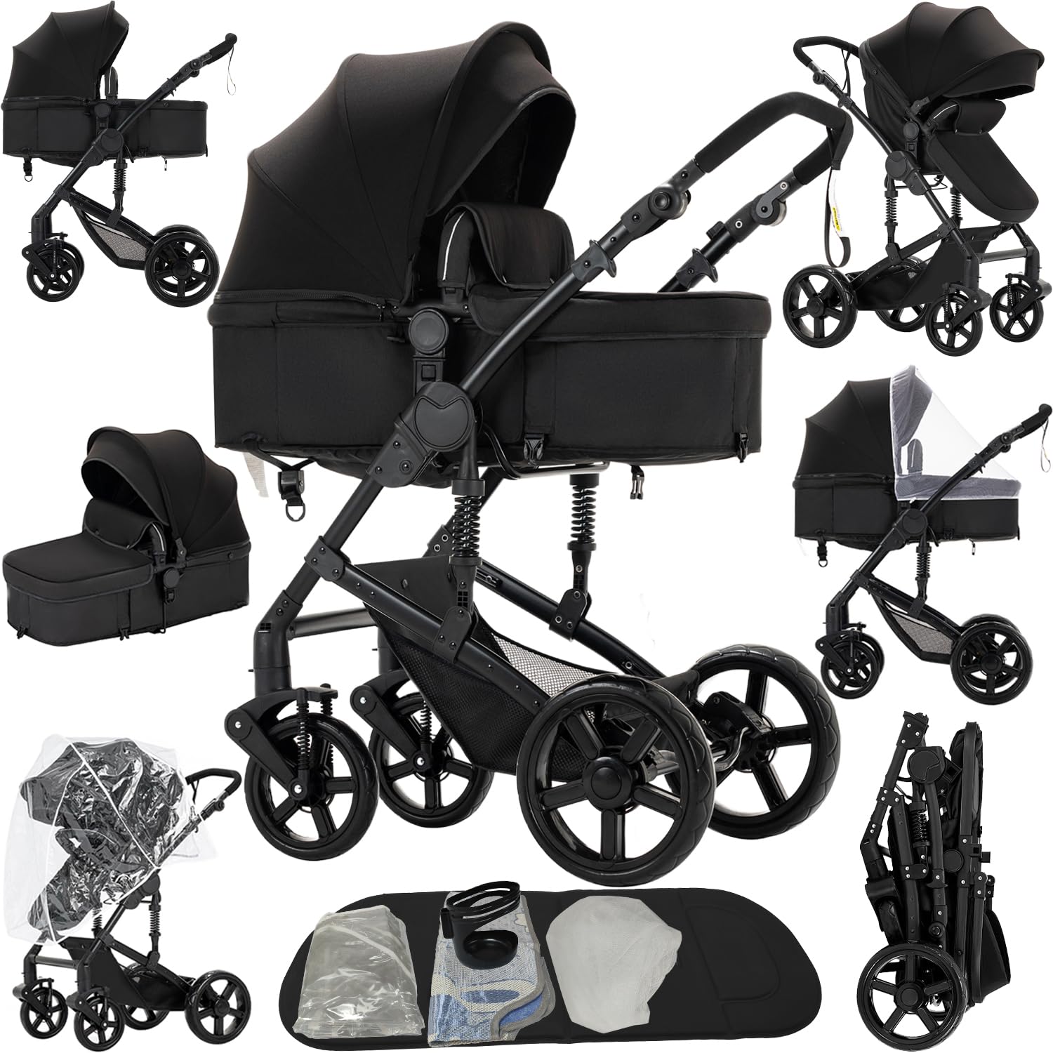 2 in 1 Baby Stroller, Convertible Pram, Reversible Standard Baby Stroller, Portable Baby Buggy, Infant Carriage, Foldable High Landscape Pushchair for Toddler Newborn (2US588-BLACK)