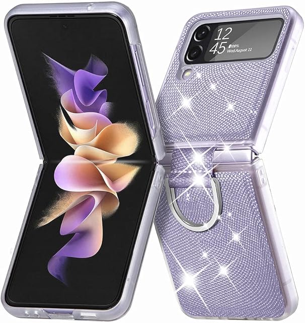 Jusy for Samsung Galaxy Flip 4 Case with Ring, Bling Ultra Thin Shiny Fashion Shockproof Women's Folding Protection Cover for Galaxy Z flip 4 5G 2022 Purple