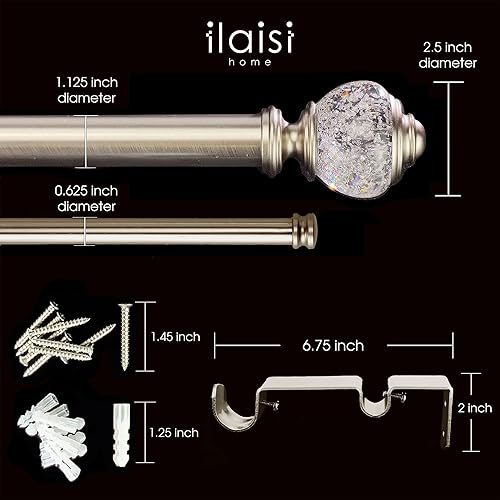 Miniatura 4 de Juego de barras de cortina dobles barras de cortina plateadas de lujo de 1-18 pulgadas de diámetro, barra de cortina ajustable de 36 a 72 pulgadas
