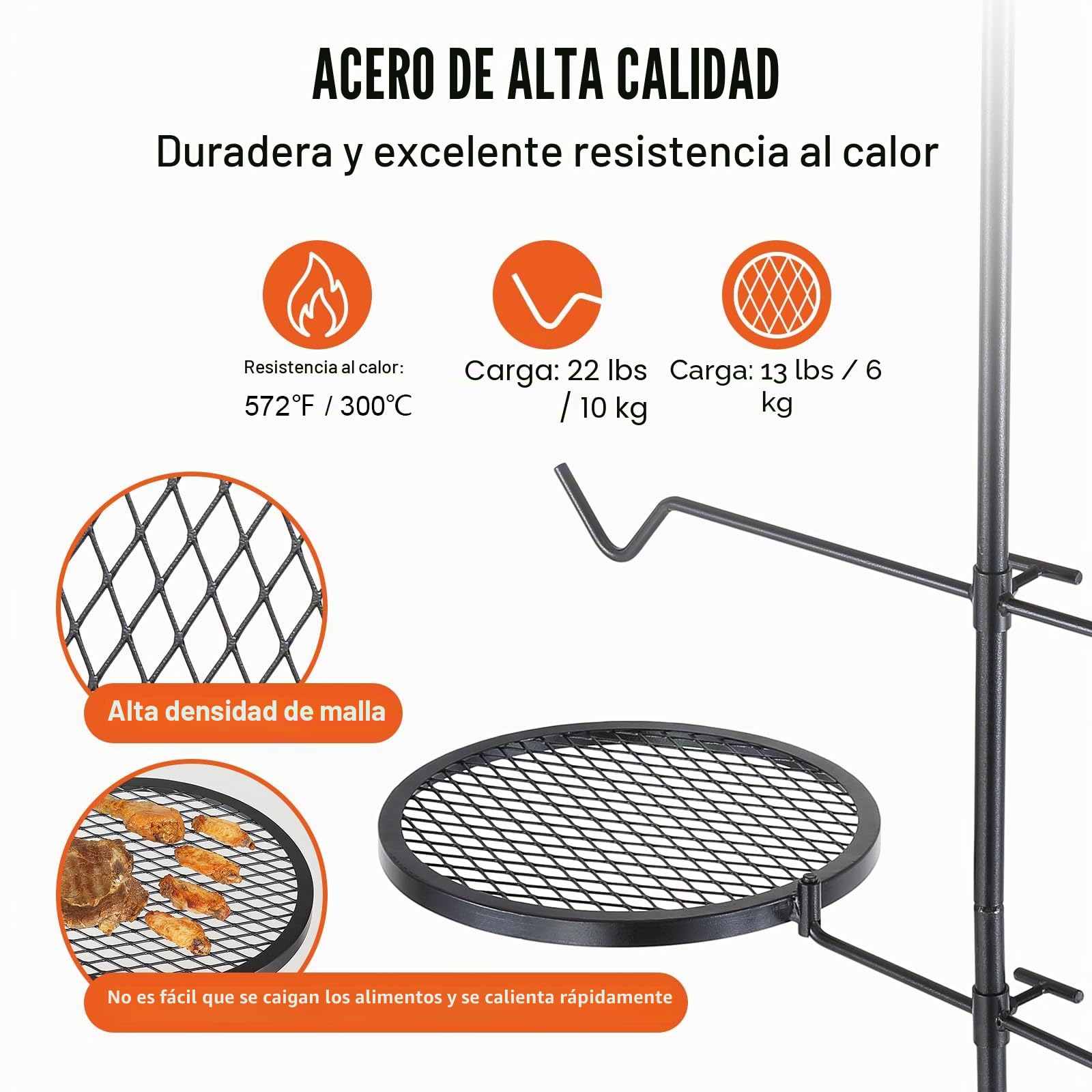 VEVOR Parrilla Giratoria para Fogatas Altura Ajustable 122,5 cm Parrilla Portátil de Acero Malla Diamantada de 36x36 cm Capacidad de Carga de 6kg para Fogatas de Campamento para Barbacoa al Aire Libre