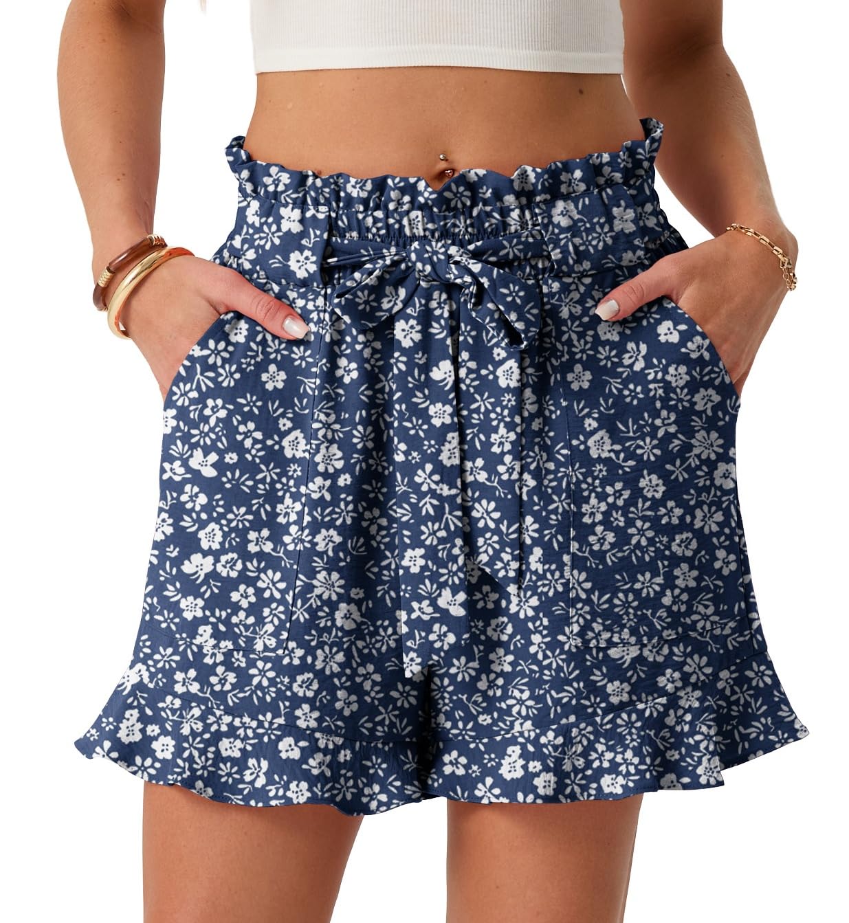 PrinStory Shorts Damen Sommer High Waist Kurze Hose Gürtel Breites Bein Shorts Leicht Sommershorts Mit Taschen