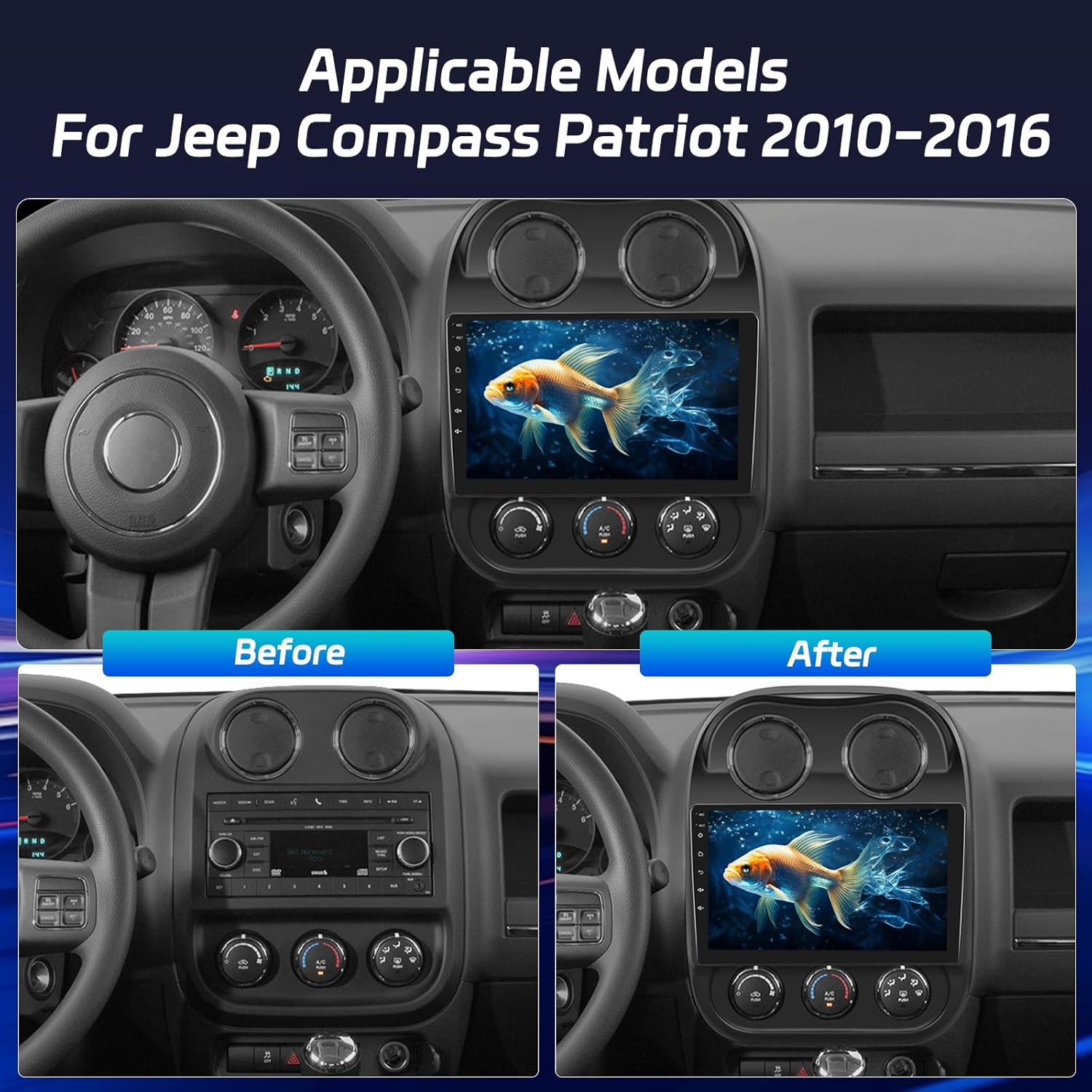 [8 Core 4+64G] Upgrade Android Radio for Jeep Compass Patriot 2010-2016, 9 inch IPS Touchscreen Carplay Stereo - 3D Car Model, Cooling Fan, 5G/WiFi, DSP Hi-Res, Custom UI Design + Backup Camera