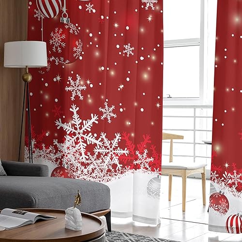 Miniatura 4 de Cortinas traslúcidas de Navidad de 63 pulgadas de largo, juego de 2 paneles de cortinas de gasa para sala de estar, bolas de Navidad rojas, copos de