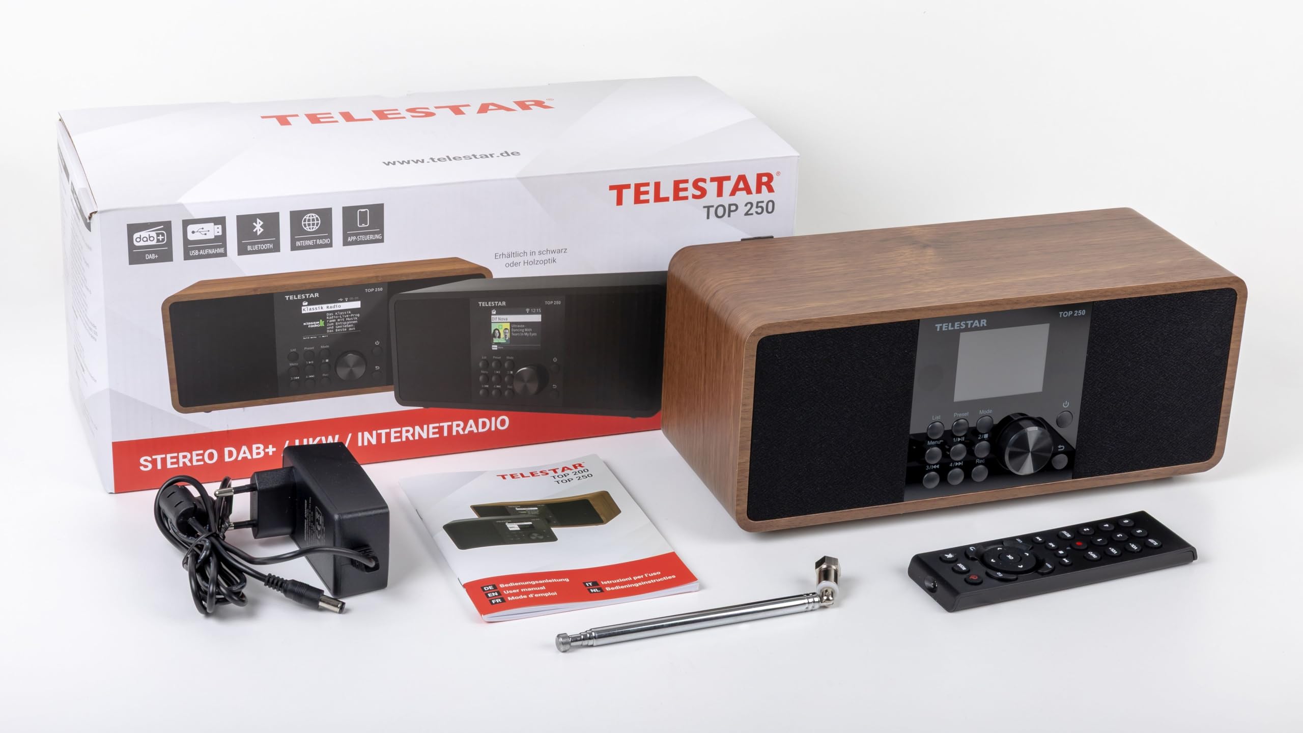 TELESTAR TOP 250 – DAB+/Internetradio, Stereo – Holz | 2 × 10 Watt, Bluetooth Audio-Streaming & Sendefunktion, USB-Aufnahme, Notfallwarnsystem, App-Steuerung