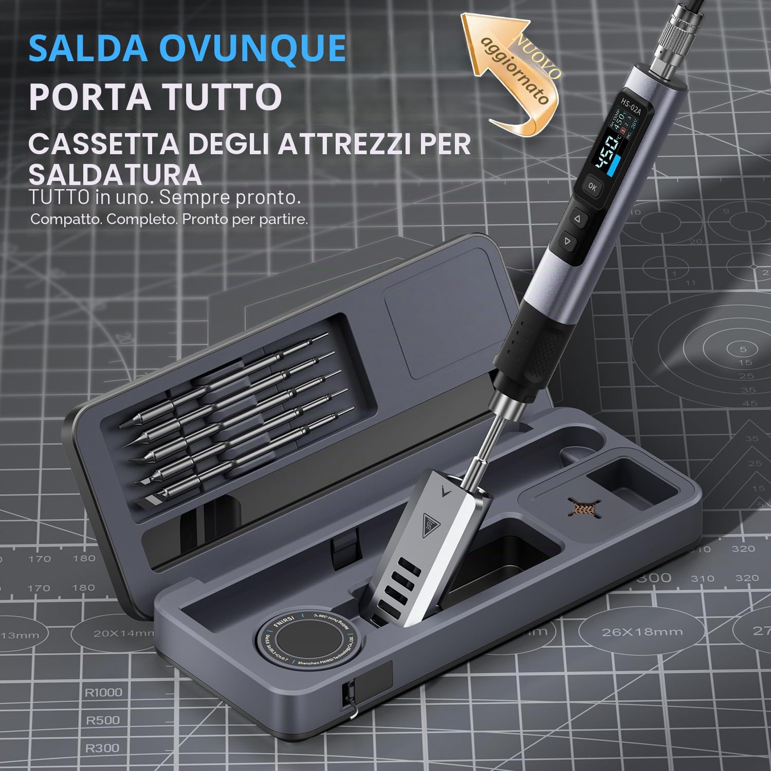 FNIRSI HS-02A 100W Kit saldatore portatile con cavo con custodia, riscaldamento rapido 3S, 222-1002 °F, temperatura preimpostata 3 gruppi, 6 punte di saldatura F245, penna saldatrice intelligente per