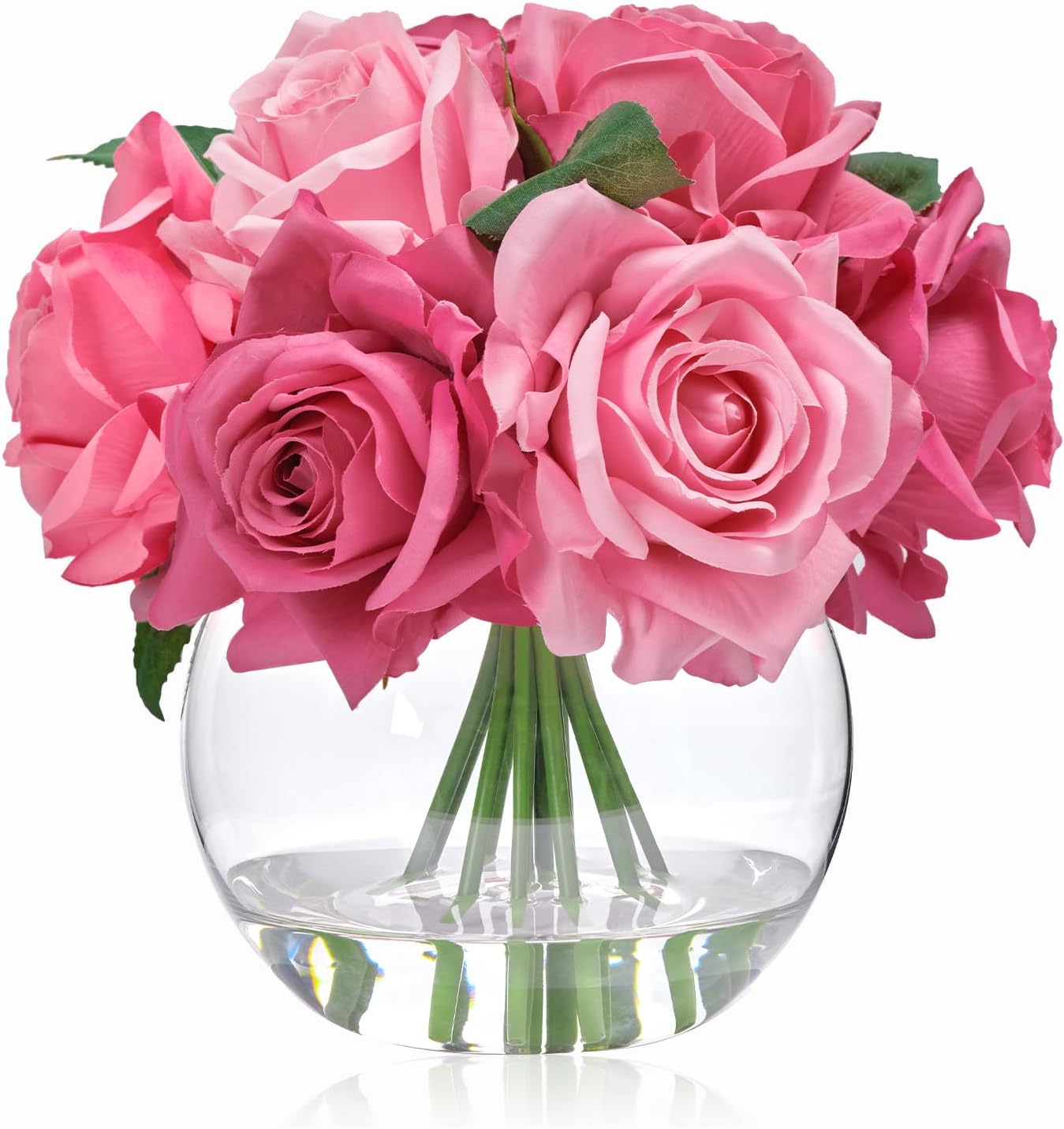 WELL KNOWN Artificial Flowers with Vase, Silk Rose Artificial Flowers Table Centerpieces with Faux Water for Home Decoration Fake Roses Flower Arrangements for Table Decor (Fuchsia)
