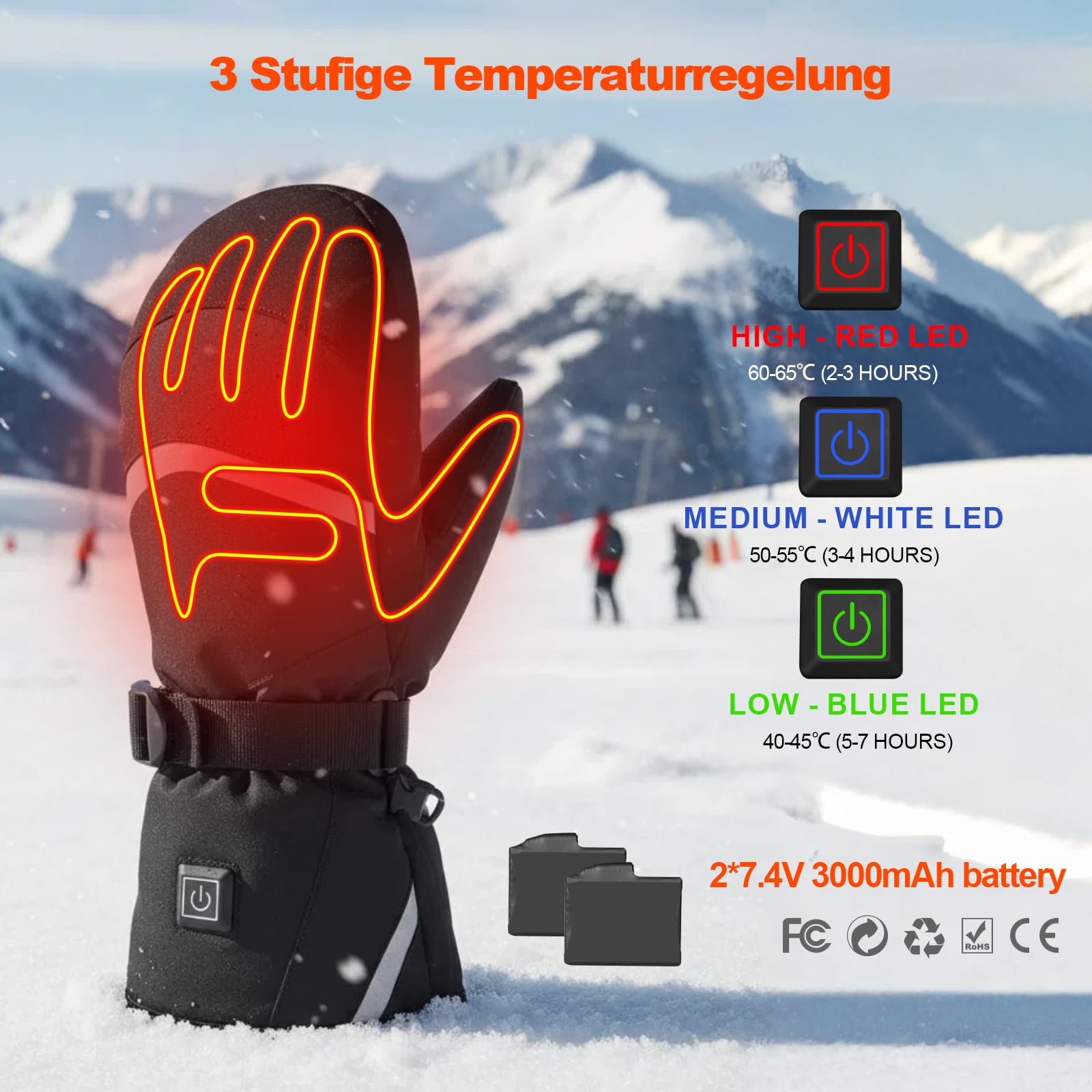 Gants Chauffants 7,4 V – 3000 MAh, 3 Niveaux De Chaleur – écran Tactile, Rechargeables – Pour Ski, Chasse, Hiver