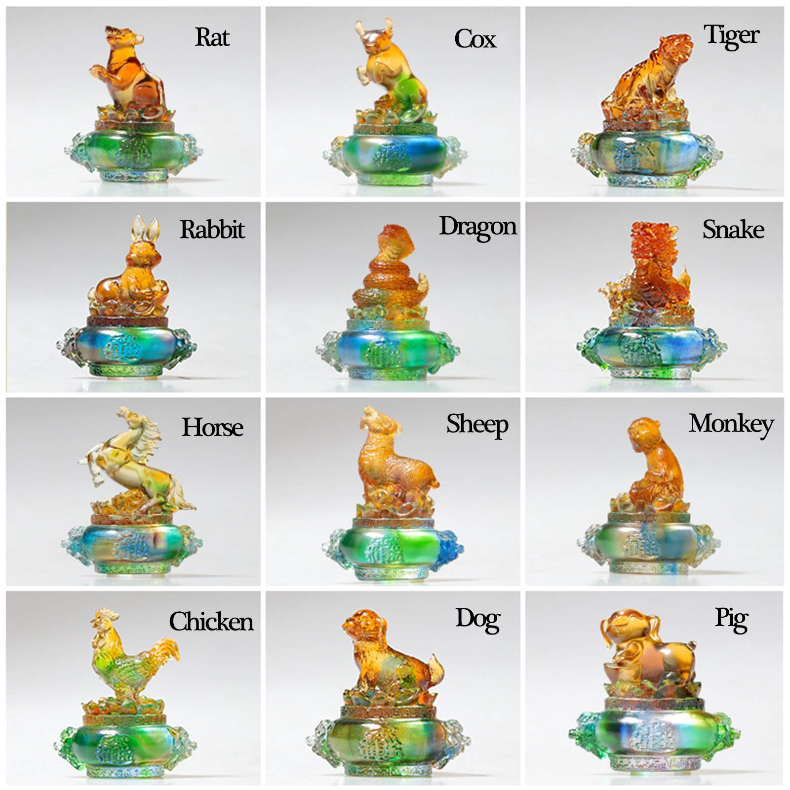 RLKHXBS Tabletop Chińskie 12 figurki statua dekoracyjna, szklana dwanaście dekoracji zwierząt pełna zestaw ozdób, męską maskotkę figurową Dekorację Dekorację, świnia