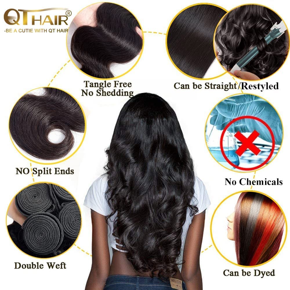 QTHAIR Body Wave Human Hair Bundles 32" 32" 200G 18A Grade Long Body Wave Bundles Human Hair Natural Color 100% Unprocessed Brazilian Virgin Hair Bundles Weave for Black Women