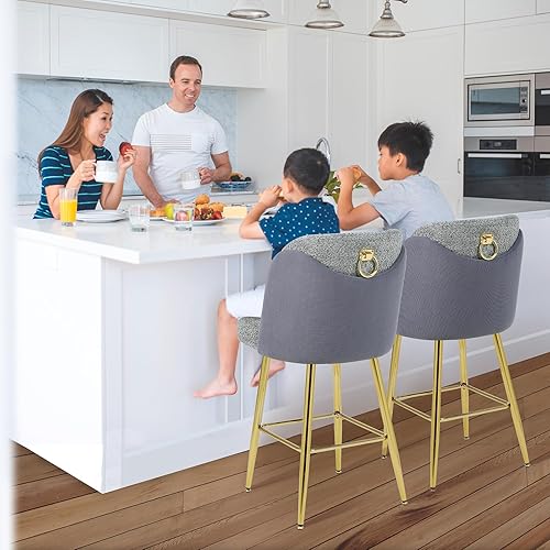 Miniatura 2 de Chummaven Juego de 2 taburetes de bar modernos con respaldo medio, sillas de bar altas tapizadas Boucle con patas doradas y reposapiés para cocina,