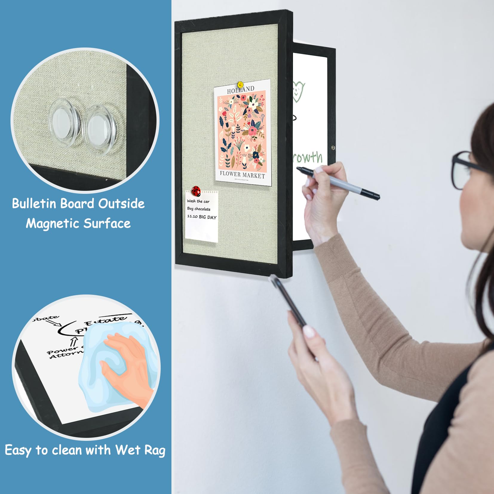 Magnetisches, trocken abwischbares Whiteboard mit schwarzem Holzrahmen, grauer Stoff Pinnwand außen und Whiteboard innen, 30 x 40 cm