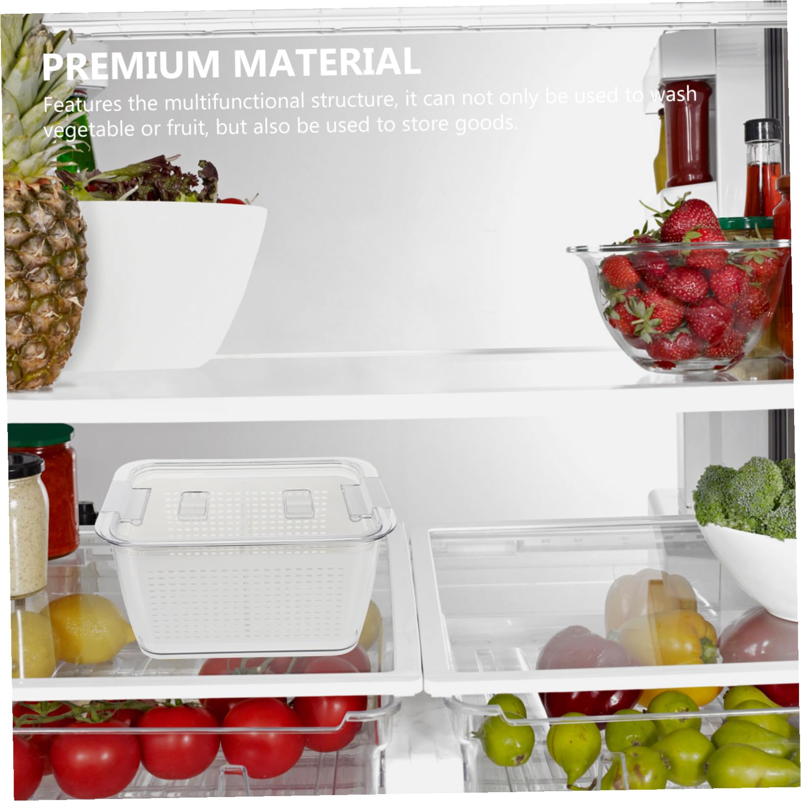 Frischhaltedose mit Ablaufsieb Küchen Aufbewahrungsbox Bpa frei Luftdicht Frischebox für Obst Gemüse Kühlschrank Organizer Platzsparend Weiß