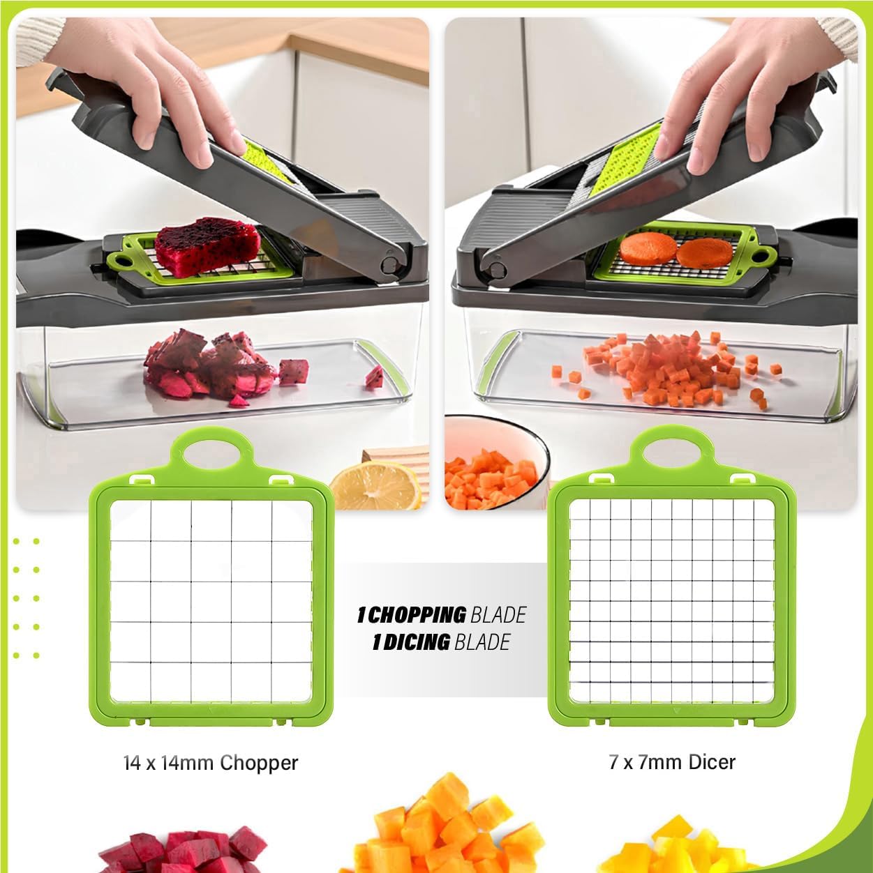 Heavy-Duty Vegetable Chopper | 14-IN-1 | Super-Sharp, Ultra-Hardened & Never-Rust Blades | Military-Grade, Chemical-Free & Non-Toxic Materials Construction
