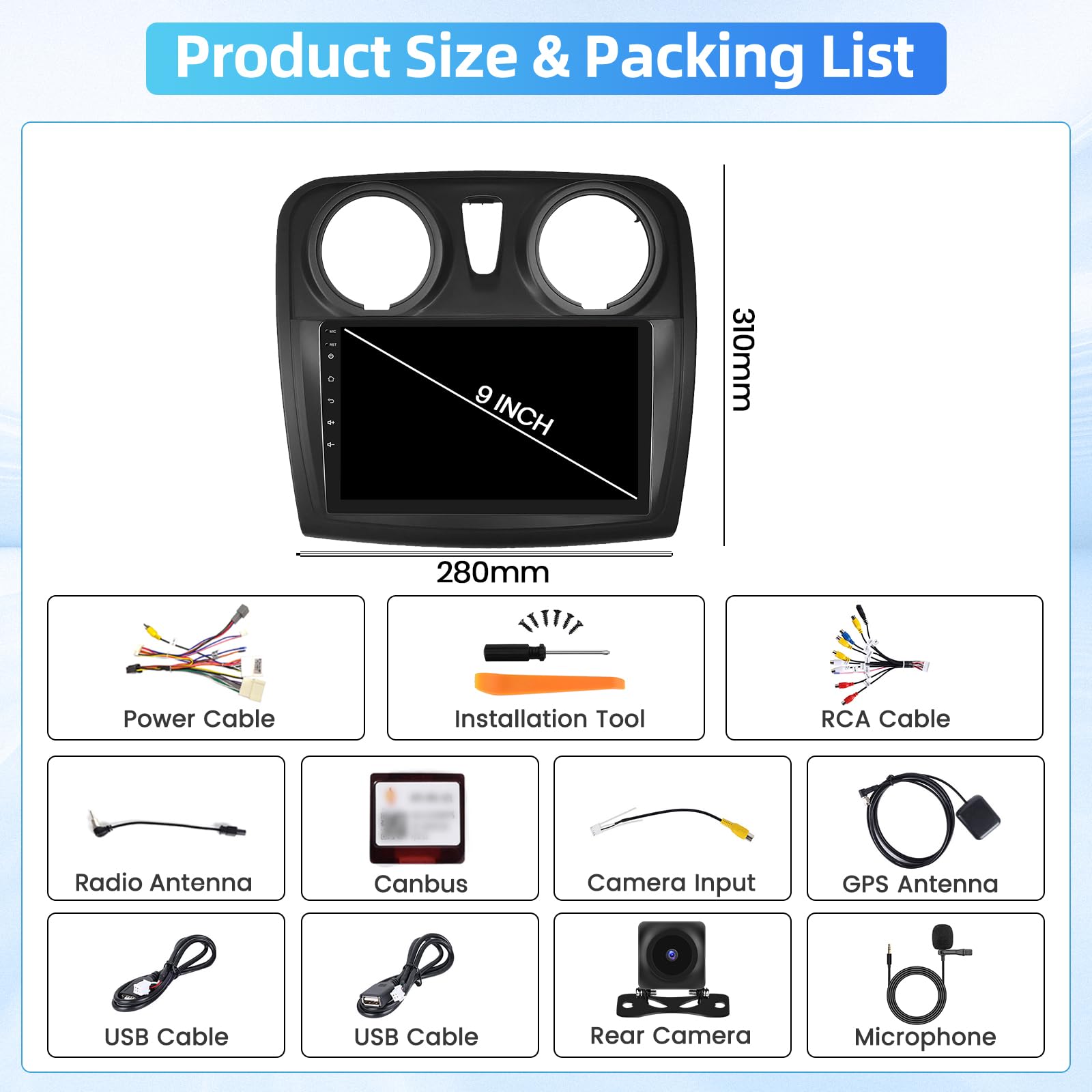 4+64GB 9" Pantalla Radio para Renault Dacia SANDERO II B52 2012-2019 | Wireless Carplay Android Auto, 9" IPS Touch Screen Android Radio Coche con Bluetooth 5.0/GPS/Cámara de Marcha Atrás/FM/WiFi