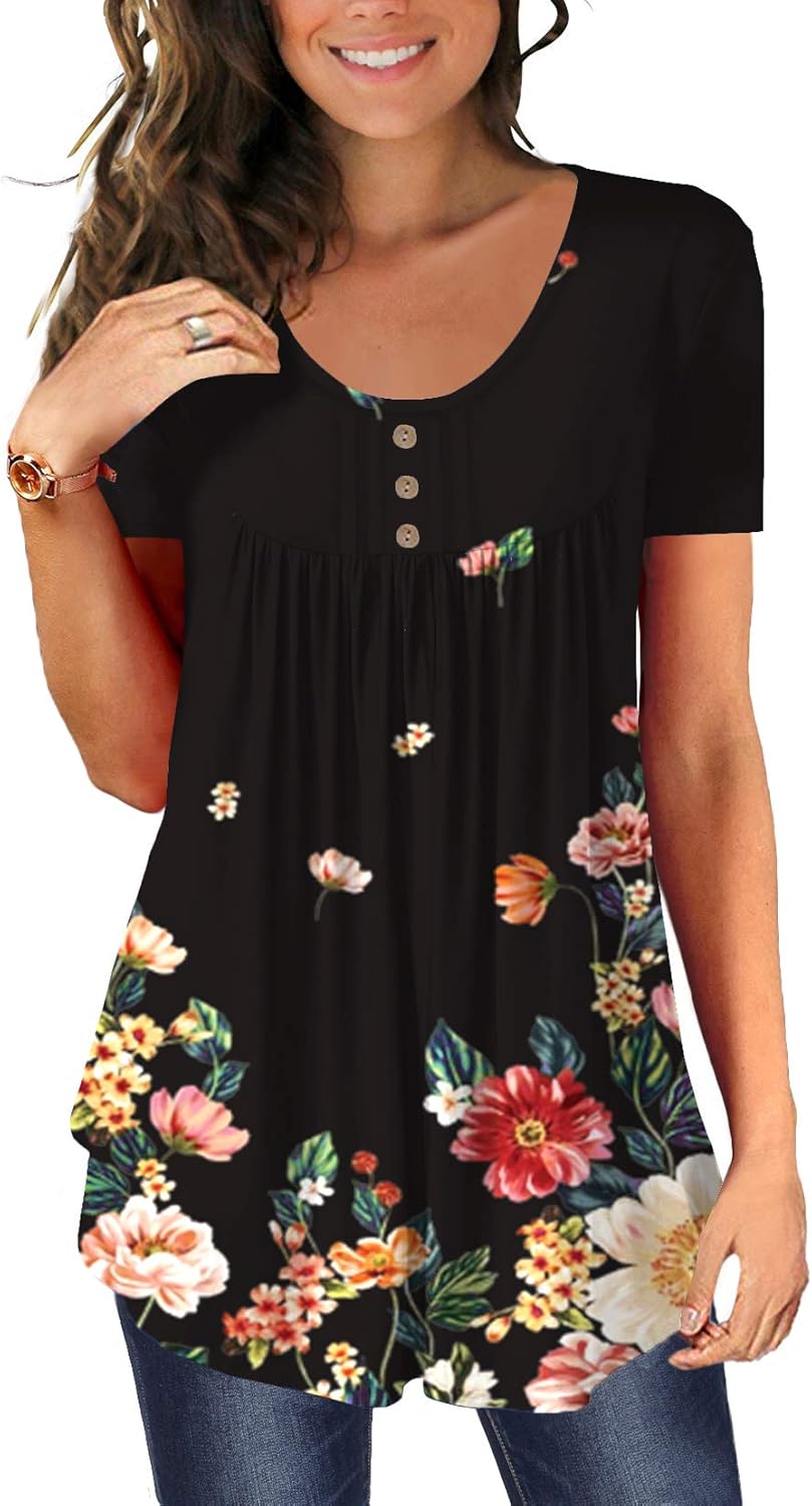 BeadChica Women's Tunic Tops To Wear With Leggings Short Sleeve Shirts Botton Up Casual Ruched Blouses Clothing Floral-XL