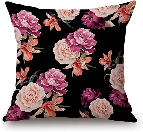 Funda de almohada floral, color negro y morado, diseño de rosas Shabby Chic para sofá y dormitorio, fundas de almohada de arpillera para hombres,