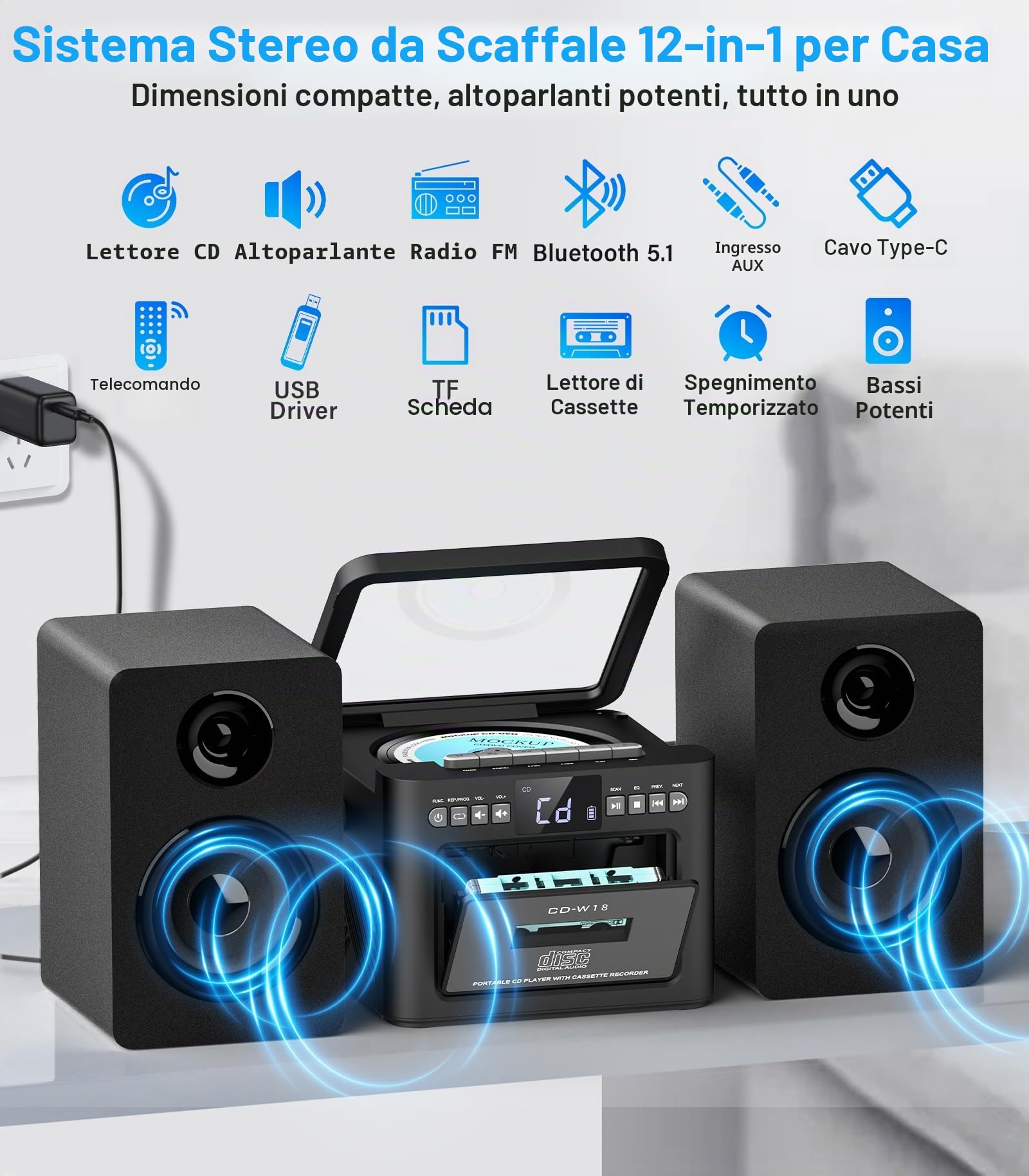 Greadio Impianto stereo per la casa con Boombox CD e lettore di cassette Combo, sistema stereo domestico da 40 W con Bluetooth, radio FM/USB/TF/AUX/telecomando, altoparlanti da scaffale in legno