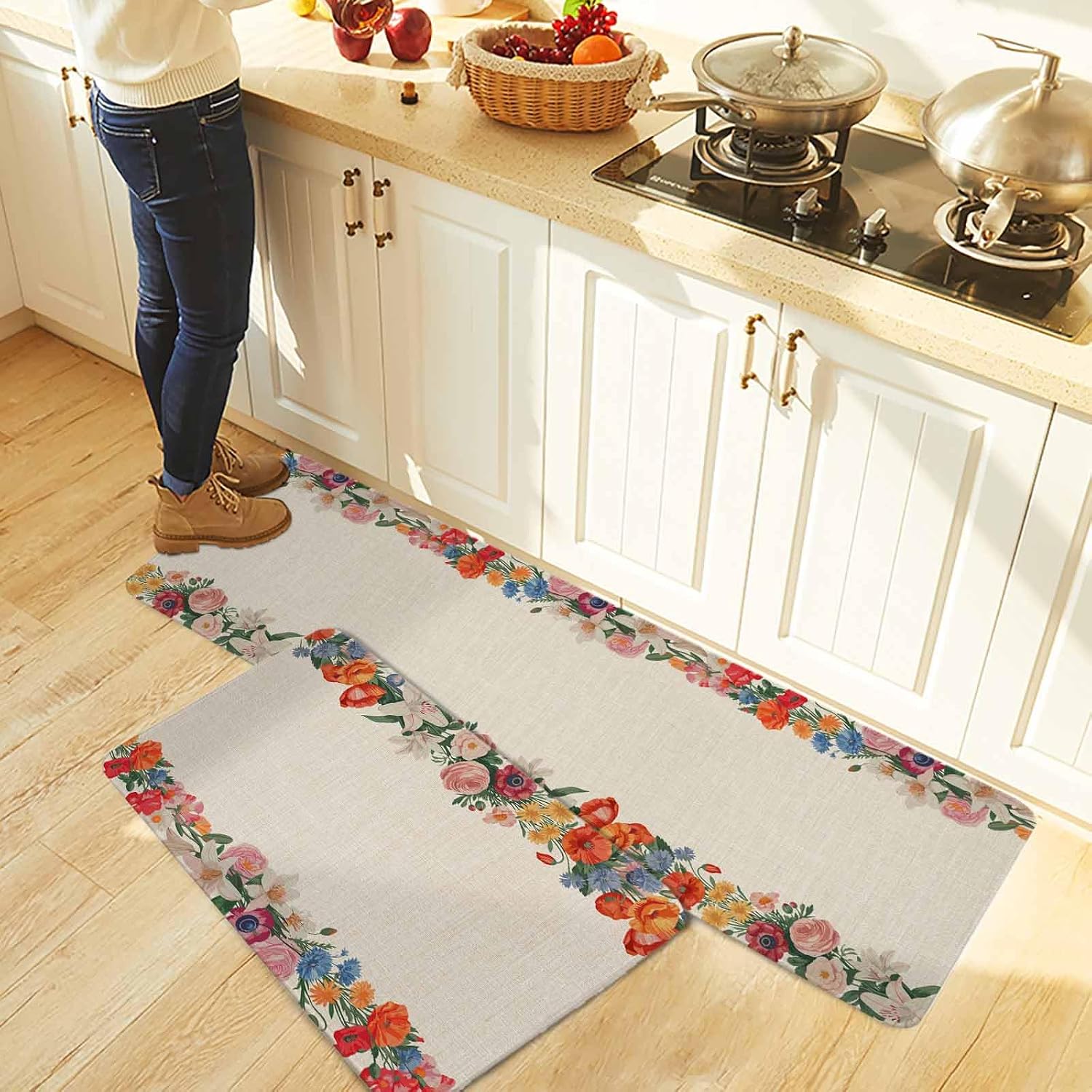 Colorful Roses Floral Kitchen Rugs and Mats Set of 2, Non-Slip Kitchen Sink Mat, Farmhouse Spring Flowers Vintage Washable Doormat Bathroom Rugs Runner for Bedroom/Living Room 19.7"x31.5"+19.7"x63"