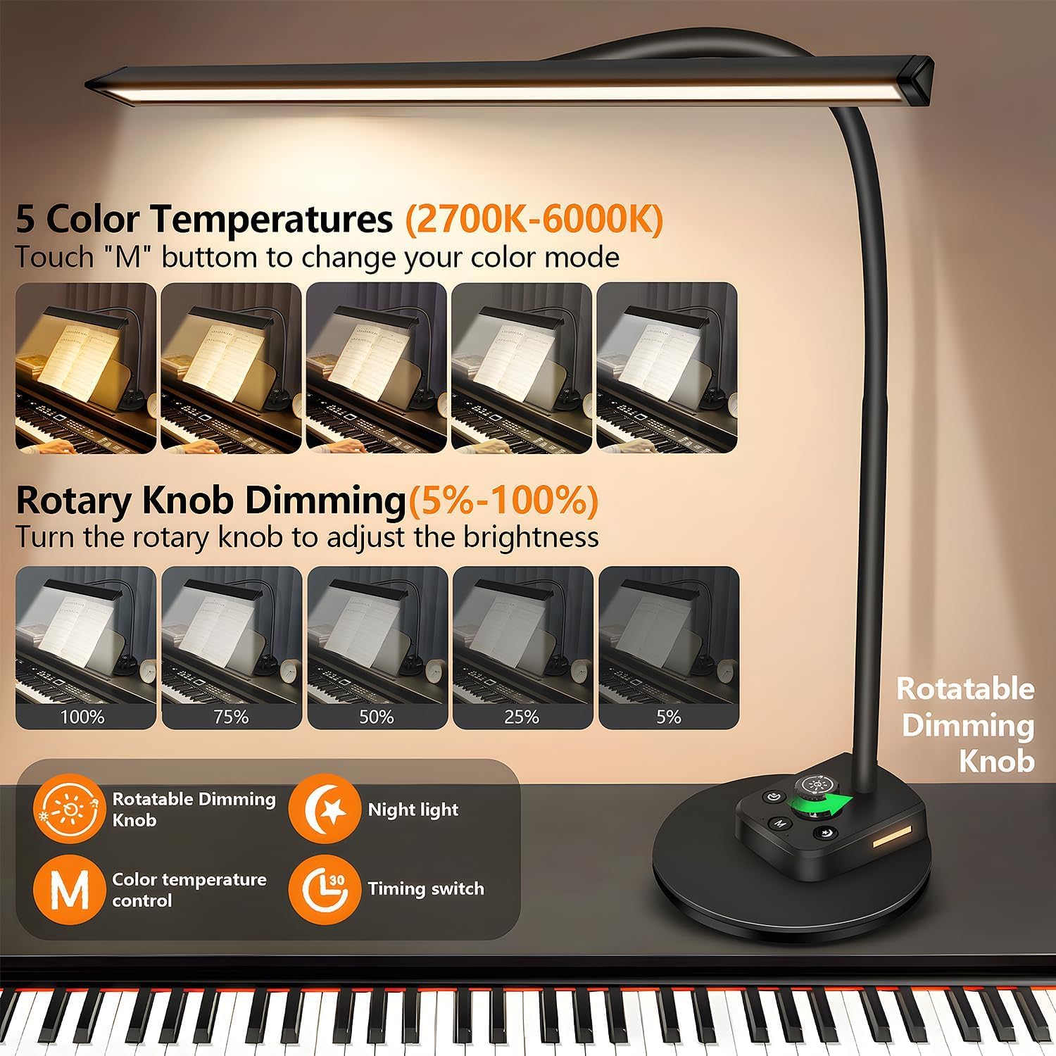 Lampada LED dimmerabile per pianoforte con porta di ricarica USB a collo d'oca regolabile e timer di spegnimento automatico per pianoforti a coda e verticali