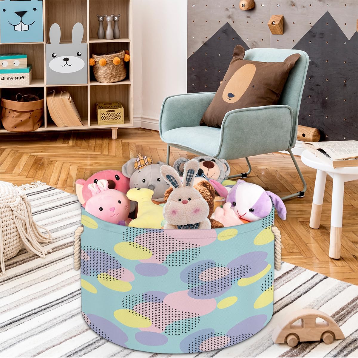 Large Storage Baskets - Pastel Geometric Dots Nursery Round Collapsible Organizer Bin Box, Laundry Hamper for Kids Toys, Blanket, Bedroom Living Room Home Decor, Gift Basket, 19.4"x13.3"
