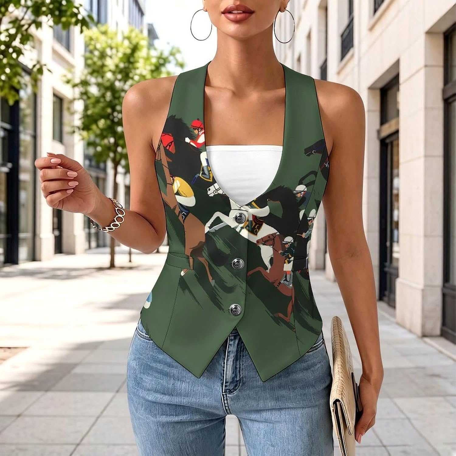 Race Horse Horserace Women's Tuxedo Waistcoat Suit Vest | 3 Button V-Neck Slim Fit Casual Sleeveless Top