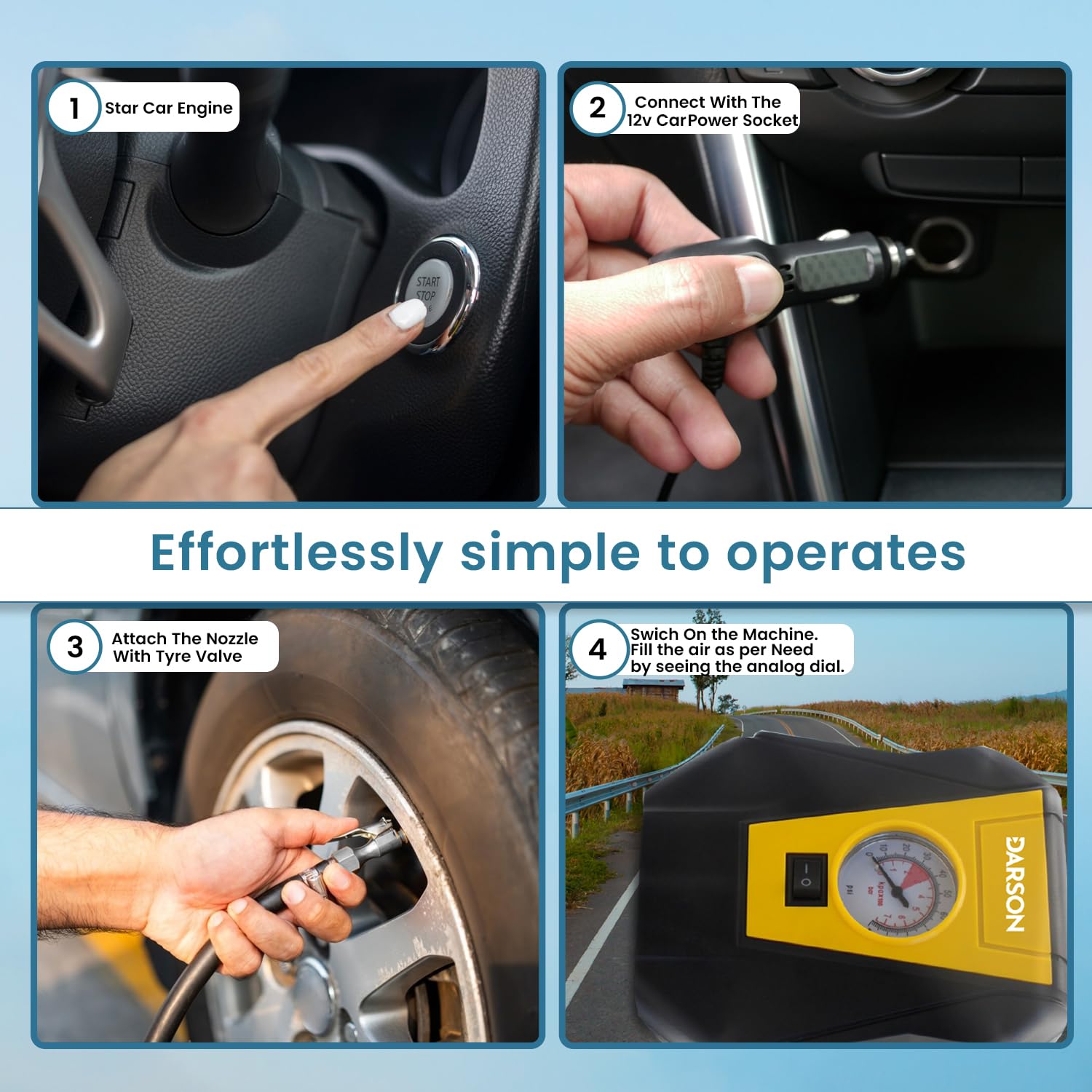 Darson TID-100 Tyre Inflator for Car - 12V Car Port and 100PSI Portable Air Compressor for Cars, Bike, Bicycle and Football - Fast Inflation Speed air inflator for car - Mini Air Compressor 3