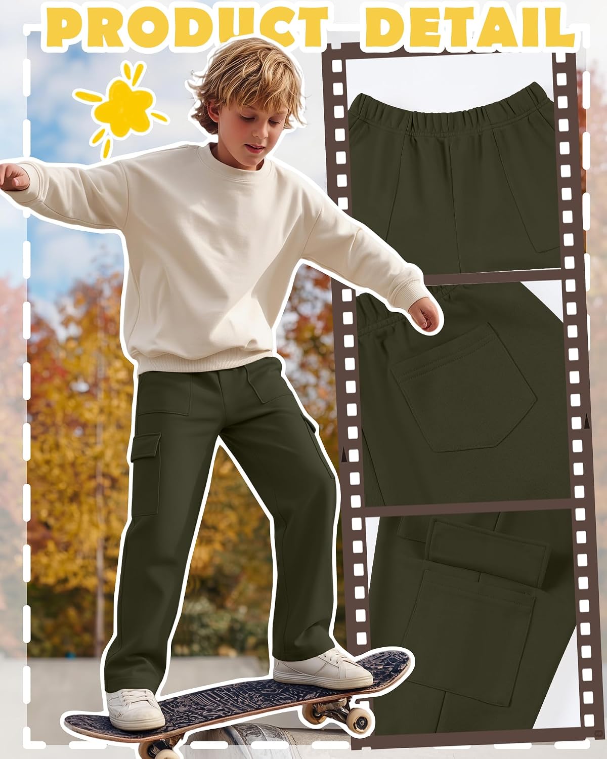 5 Pack Boy's Cargo Sweatpants Straight Leg Baggy Open Bottom Pants Athletic Joggers with 5 Pockets