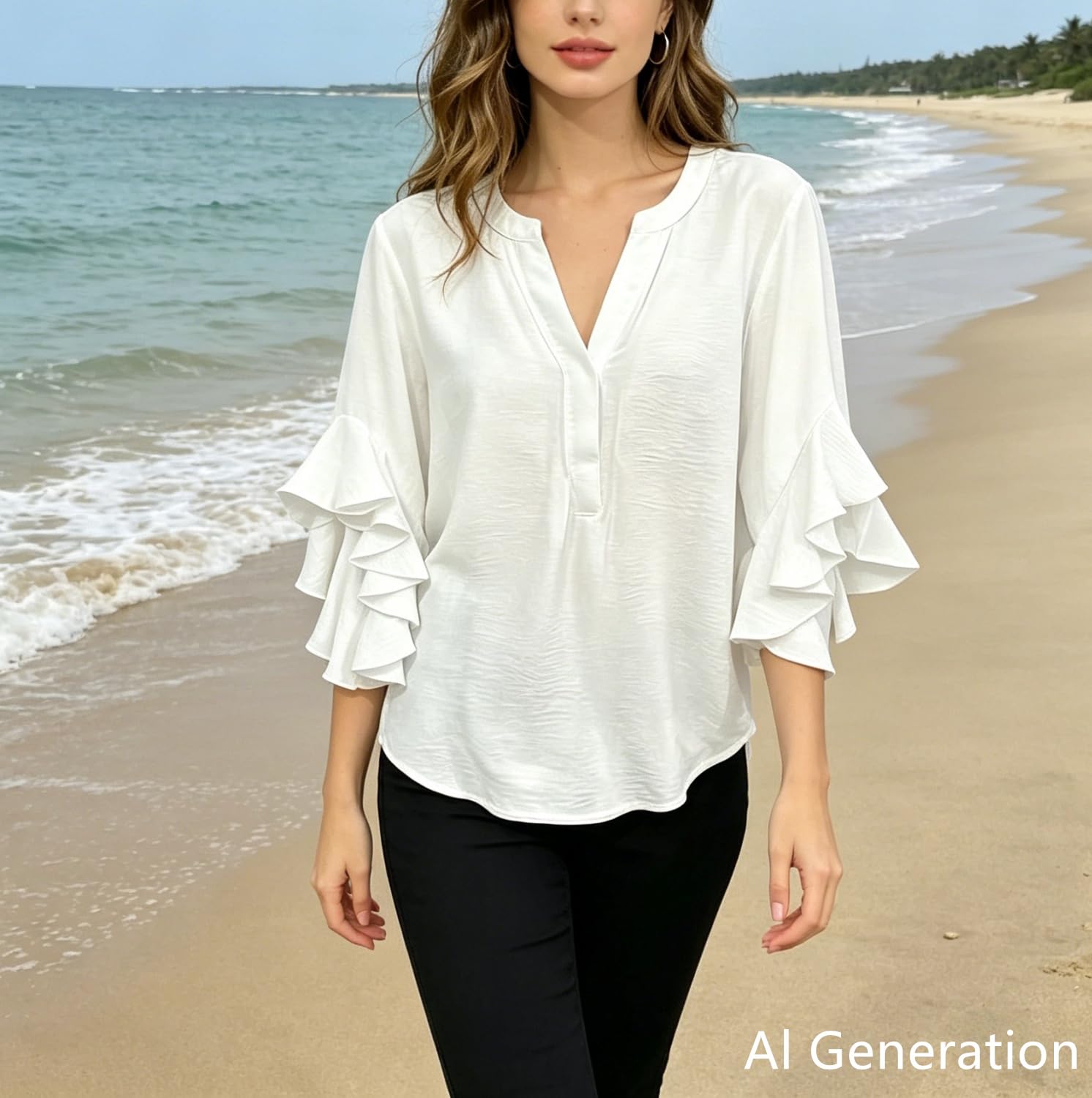 Blusa de Mujer de Tallas Grandes con Cuello en V, Mangas Tres Cuartos y Volantes, Color Liso, Estilo Casual y Holgado.