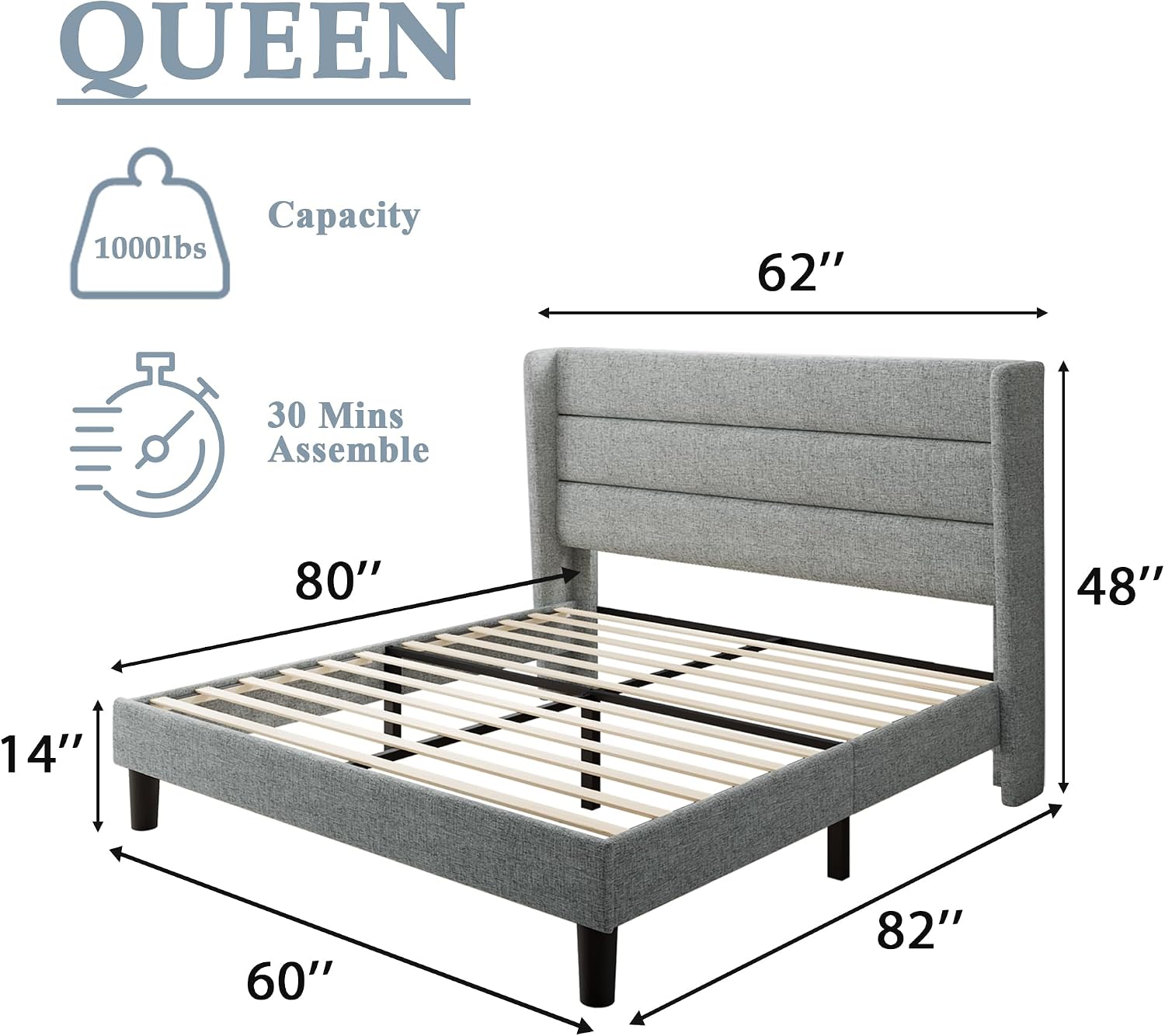 Diagram showing the dimensions of the Feonase Queen Bed Frame.