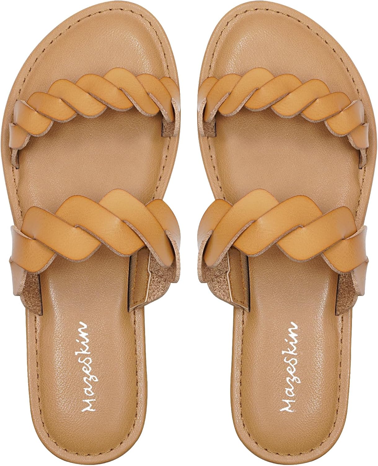 mazeskin Women's Memory Foam Two Braid Band Comfortable Summer Straps Flat Slide Sandals