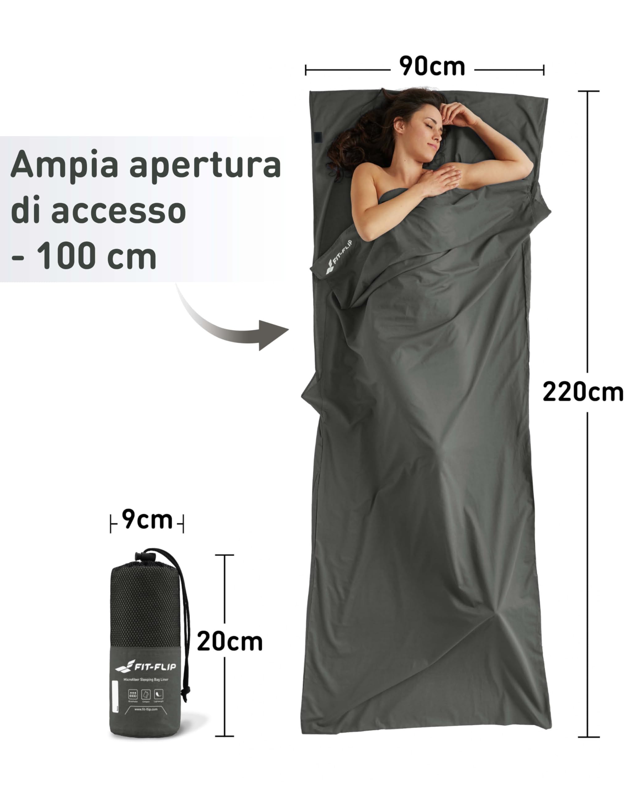 Fit-Flip Sacco Lenzuolo da Viaggio - 100% Cotone o Microfibra - Sacco a pelo con scomparto per cuscino - Sacco Letto singolo ultraleggero e compatto - Sacco a Pelo leggero Estivo