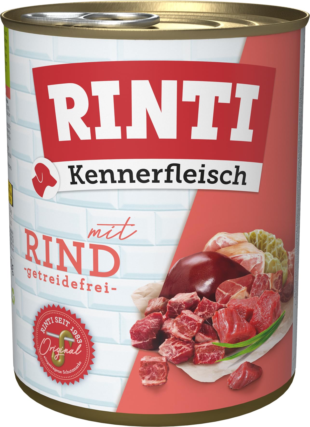 RINTI - Kennerfleisch | Nassfutter mit 70% Fleisch für ausgewachsene Hunde. Getreidefreies Alleinfutter in der Dose ohne Soja, Farb- und Konservierungsstoffe | 12x800g Rind
