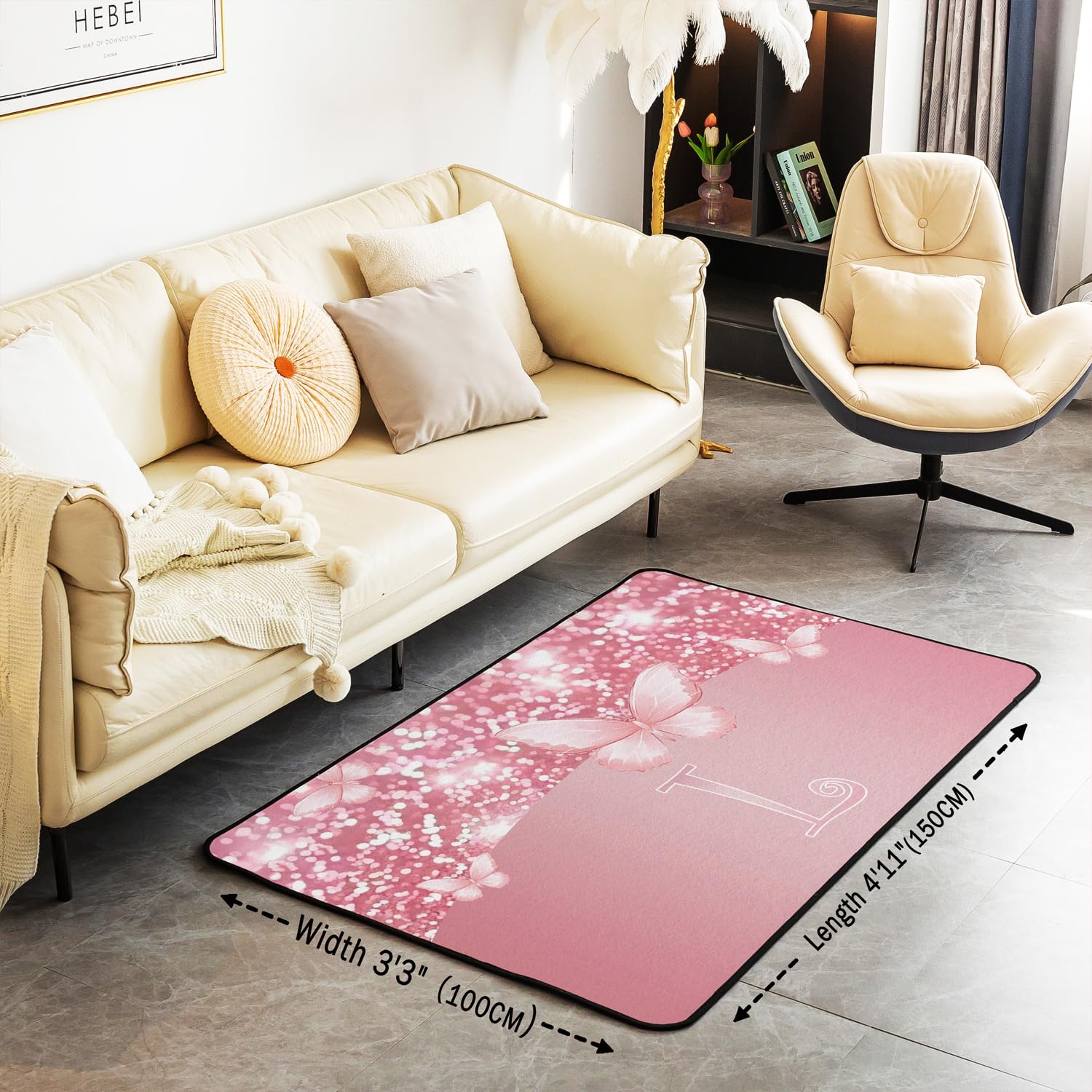 Rose Bowknot Lettre L Tapis Exterieur garçons Filles Mignon Papillon Tapis Salon 100x150cm Antidérapant Mousse Glitter Impression Chambre à Coucher décor