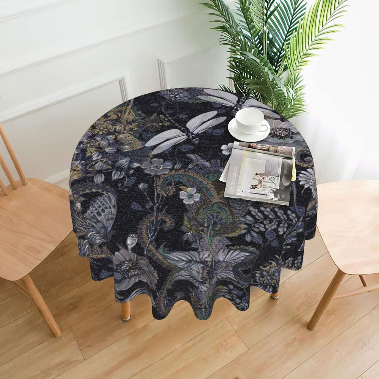 Lawenp Dragonflies Grey Decorative Round Table Cloths - 60 Inches in Diameter for Buffet Tables, Parties, Holiday Dinners.