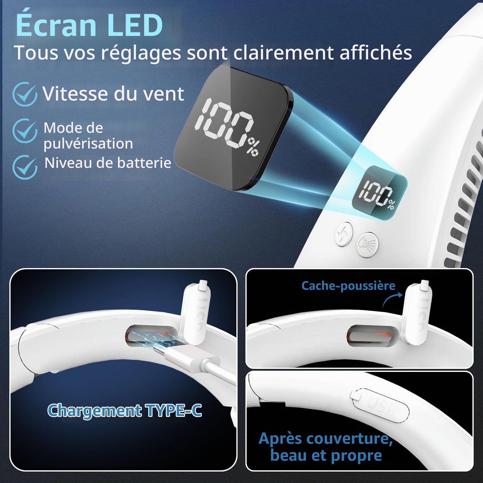 Ventilateur de cou avec brumisateur à spray soufflant de l'air froid, pliable, 4000 mAh, portable, rechargeable par USB, à batterie, avec brumisateur, sans pale, pour voyager