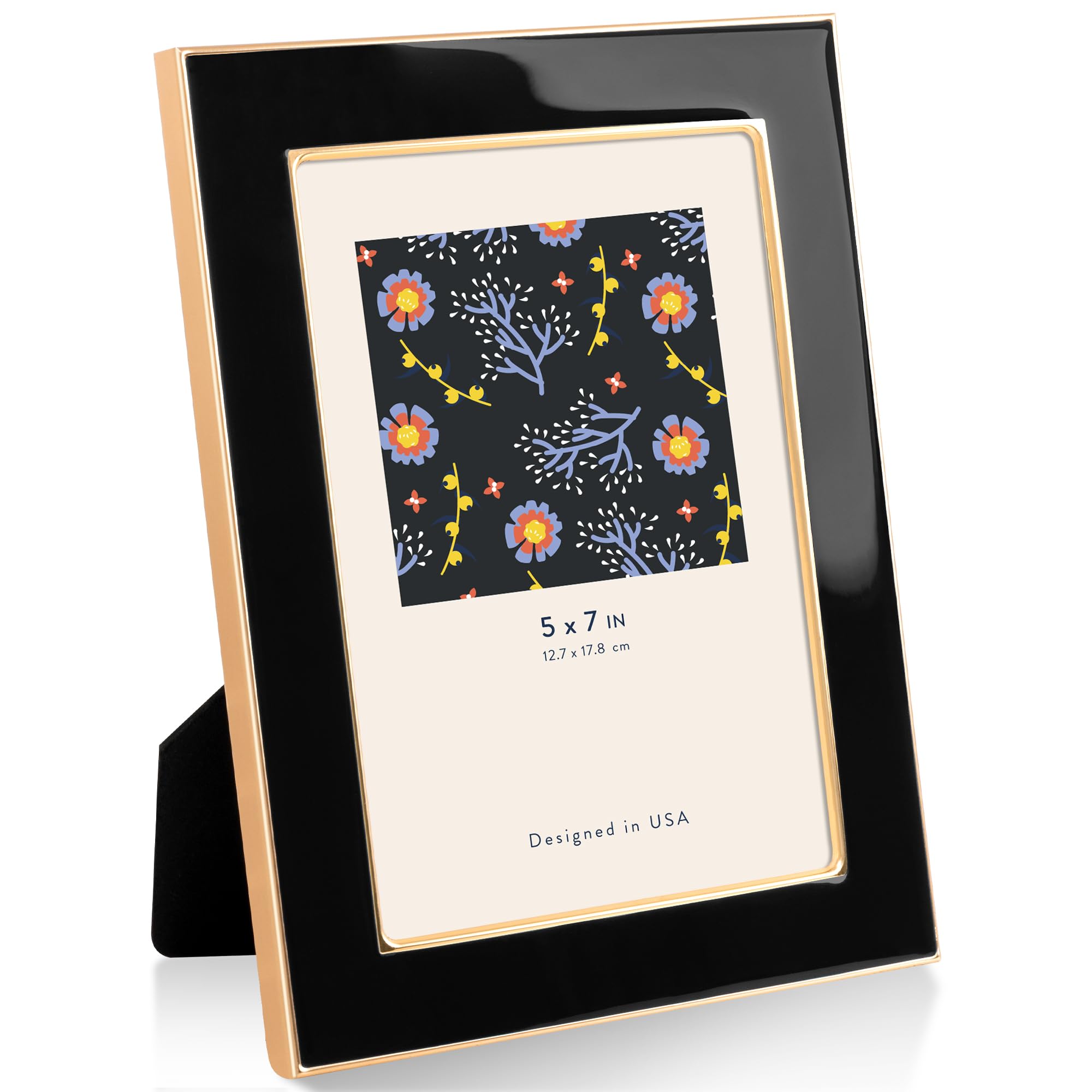 5"x7"(13x18cm) Enamel Picture Frame with Gold Metal Edge, HD Tempered Glass Photo Frame with Velvet Back & Easel Stand for Wall or Tabletop Display Family Office Photo Gallery, Black
