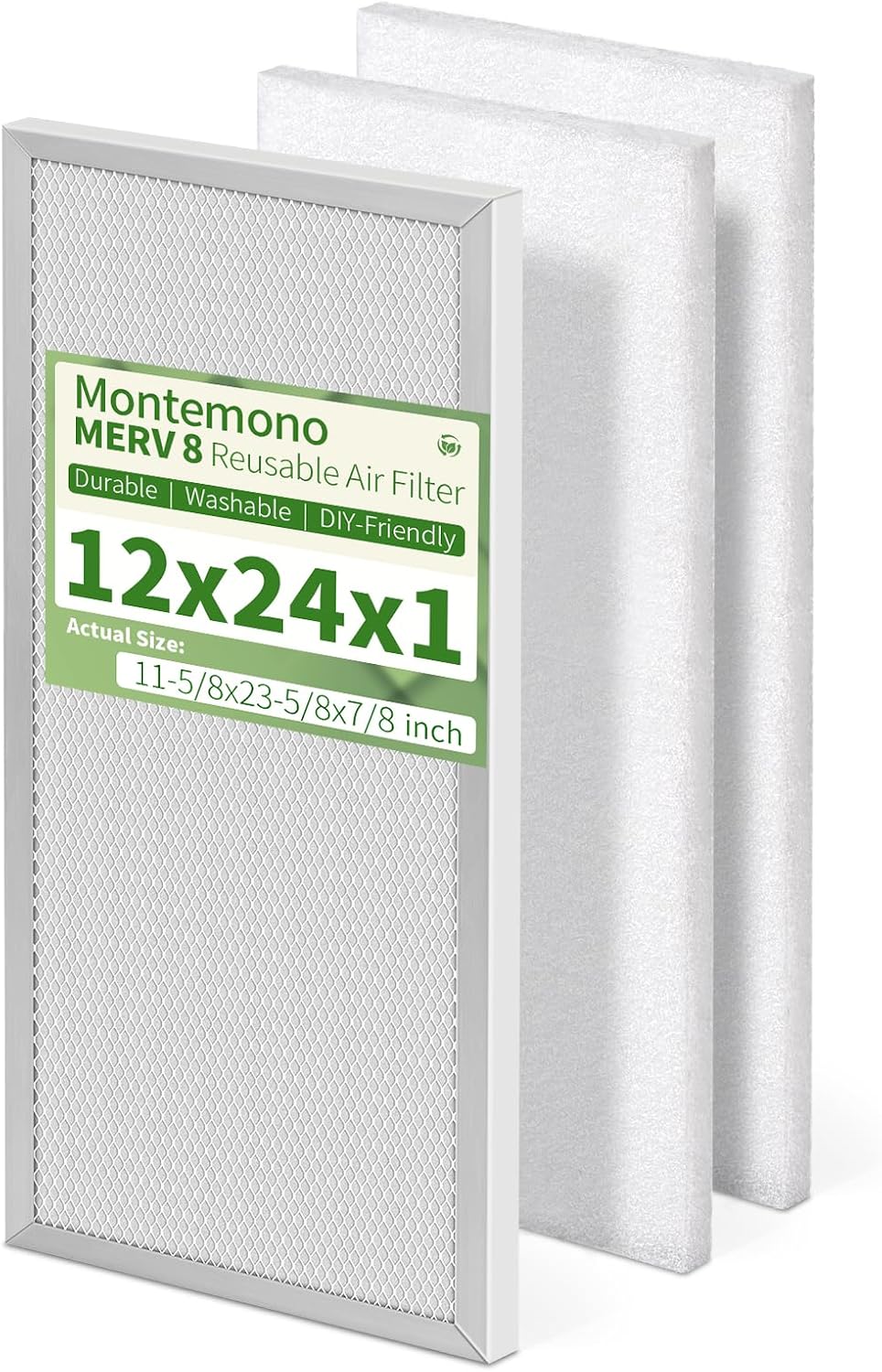 12x24x1 Reusable Air Filter MERV 8 Washable Furnace & AC Filter with 2 Extra Media Pads, Aluminum Electrostatic Air Filters for Home, Fits HVAC System, Air Conditioner, Air Handler 24" x 12" x 1"