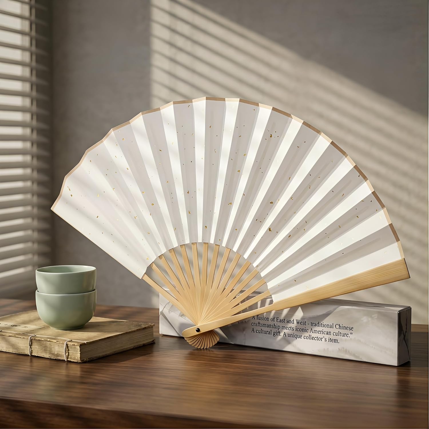 Artisan White Folding Fan (11.8") – Handcrafted Bamboo & Gold Flecked Paper Hand Fan – Luxury Gift Box Included – Sophisticated Handheld Fan for Weddings, Zen Decor