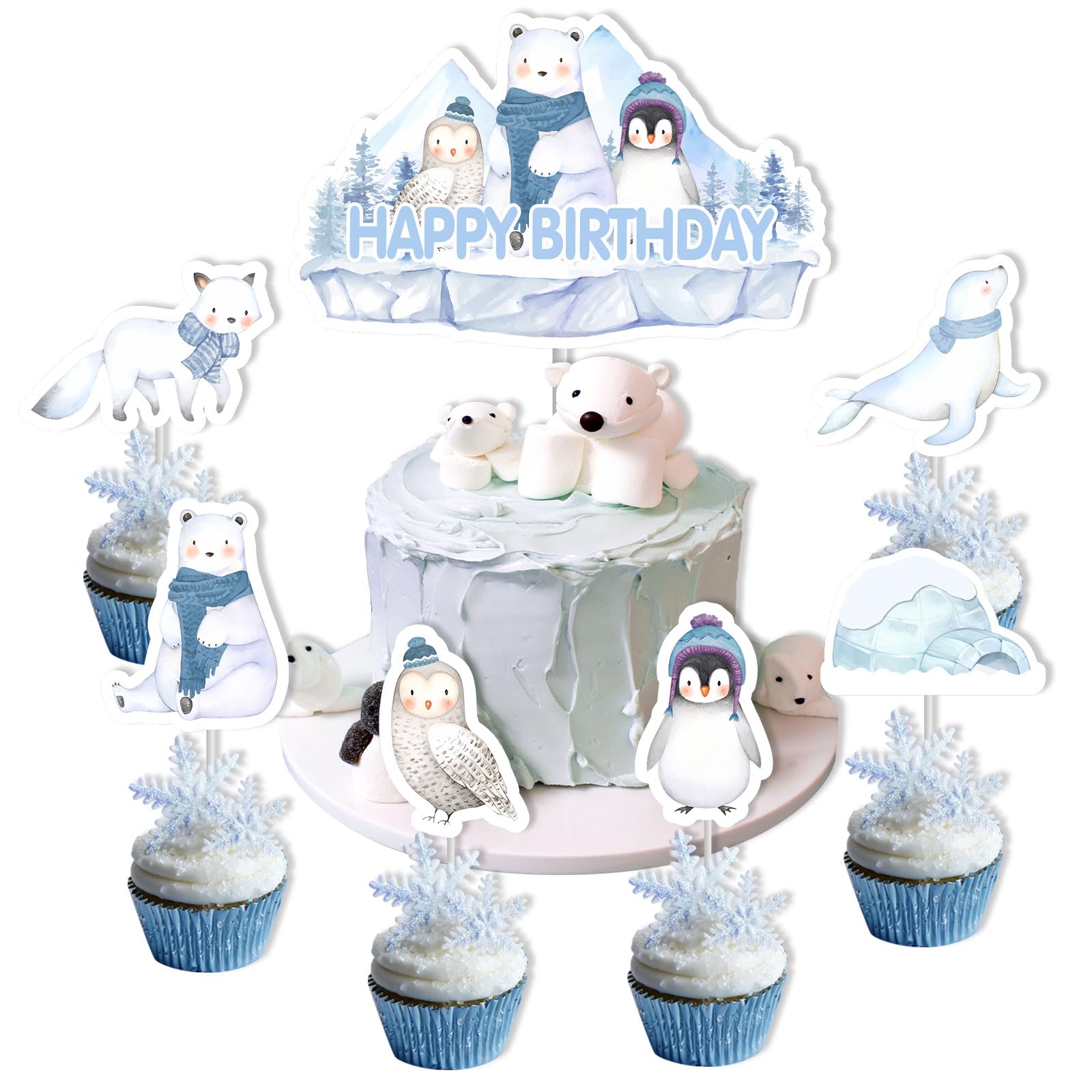 Arktyczne polarne zwierzę 'Happy Birthday' ozdoby na tort babeczki arktyczne polarne dekoracje urodzinowe zimowe zwierzęta dekoracje na przyjęcie urodzinowe na zimę zwierzęta urodziny baby